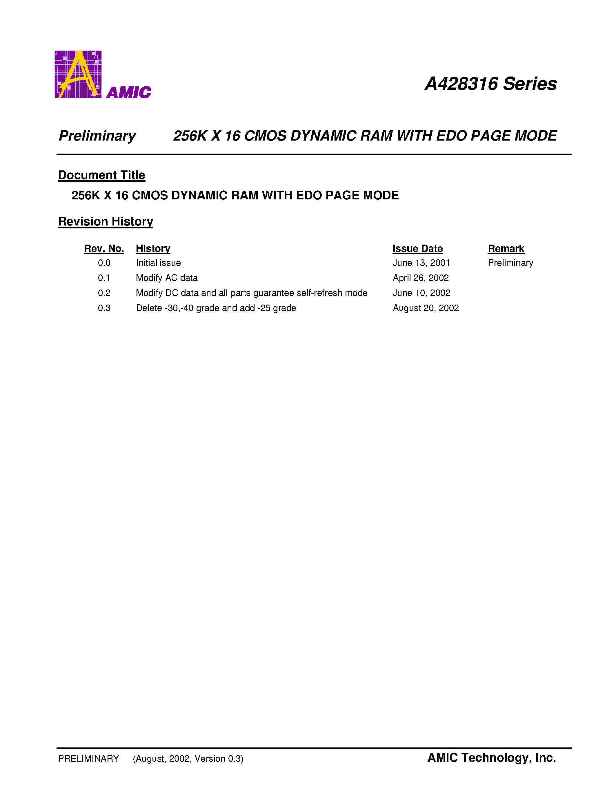 Datasheet A428316S - 256K X 16 CMOS DYNAMIC RAM WITH EDO PAGE MODE page 1