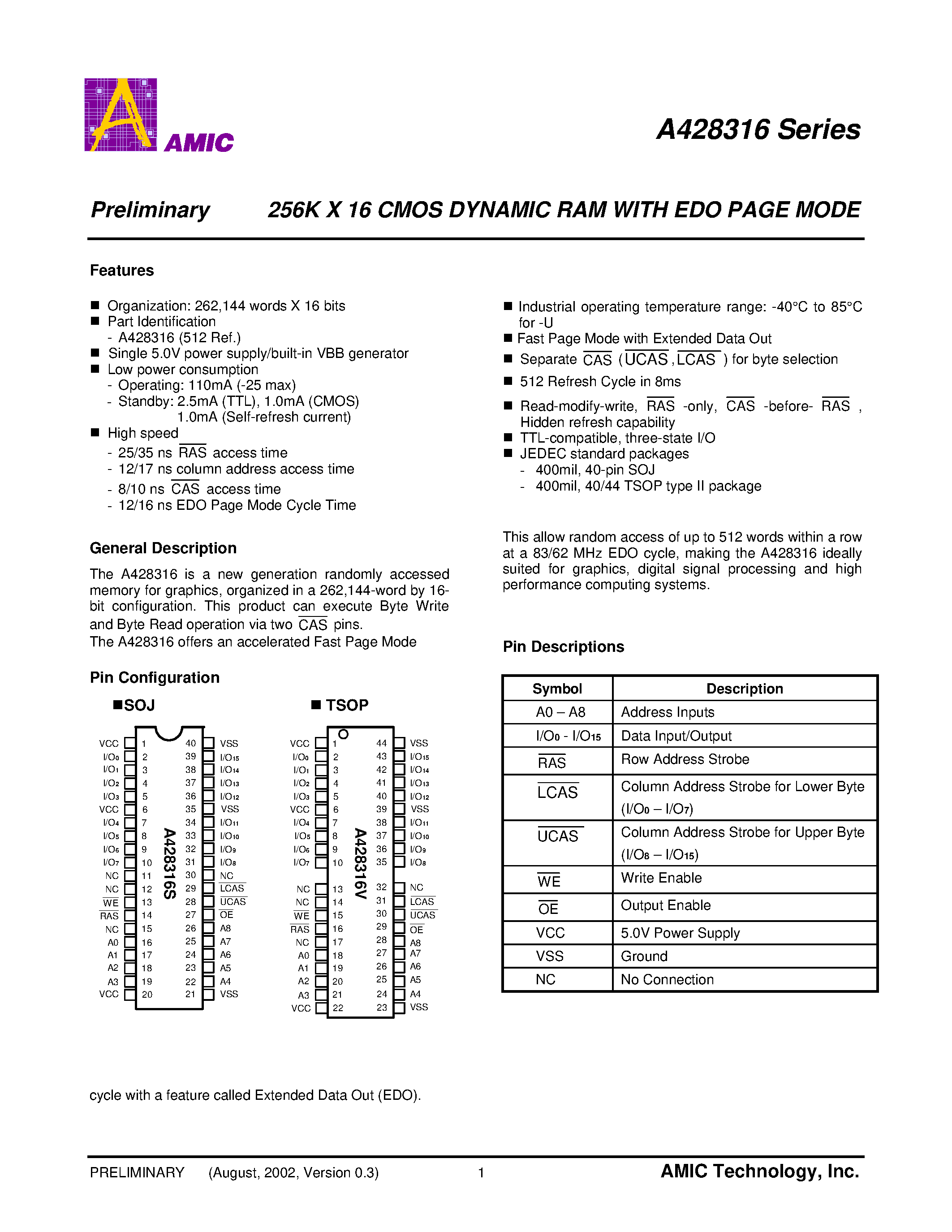 Datasheet A428316V-35 - 256K X 16 CMOS DYNAMIC RAM WITH EDO PAGE MODE page 2
