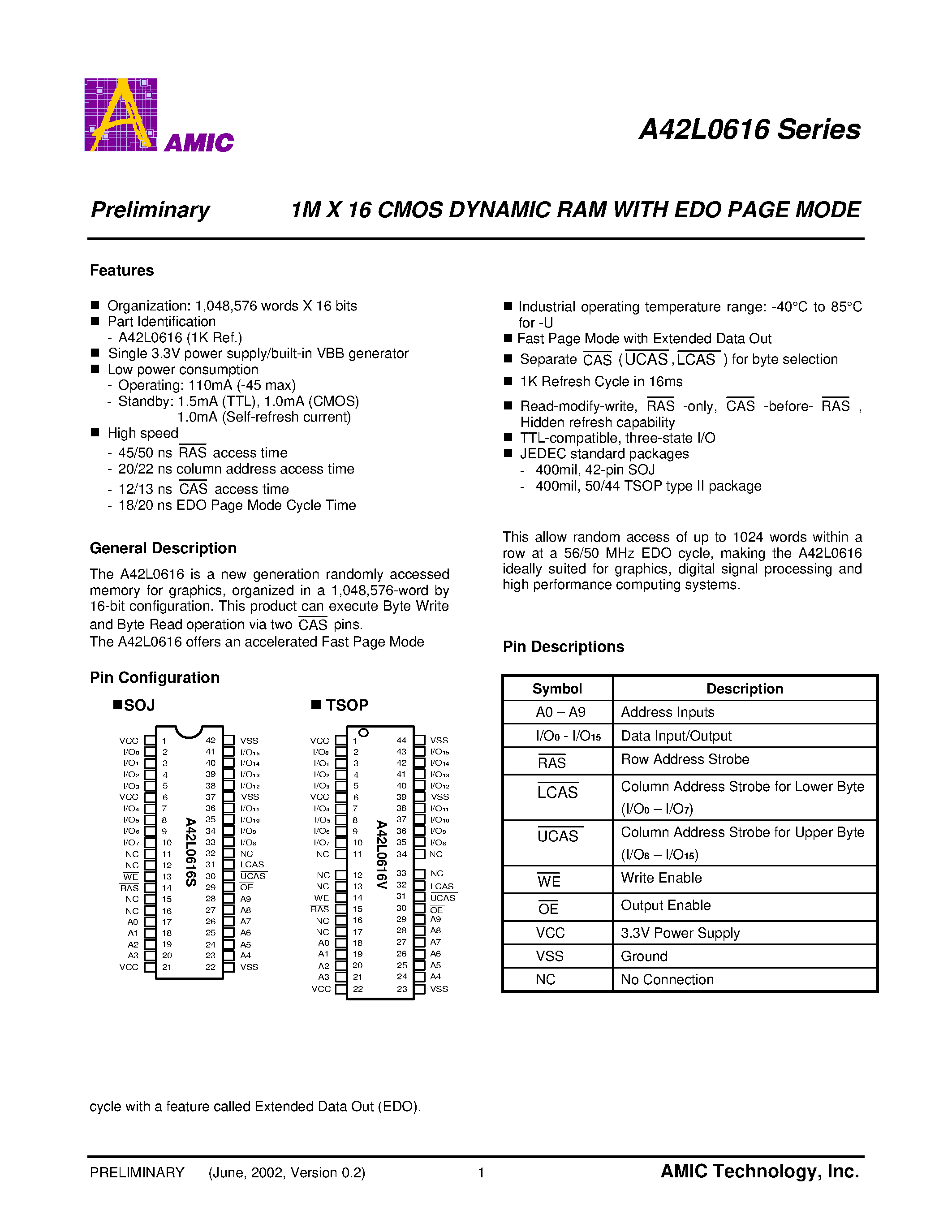 Datasheet A42L0616V-45 - 1M X 16 CMOS DYNAMIC RAM WITH EDO PAGE MODE page 2