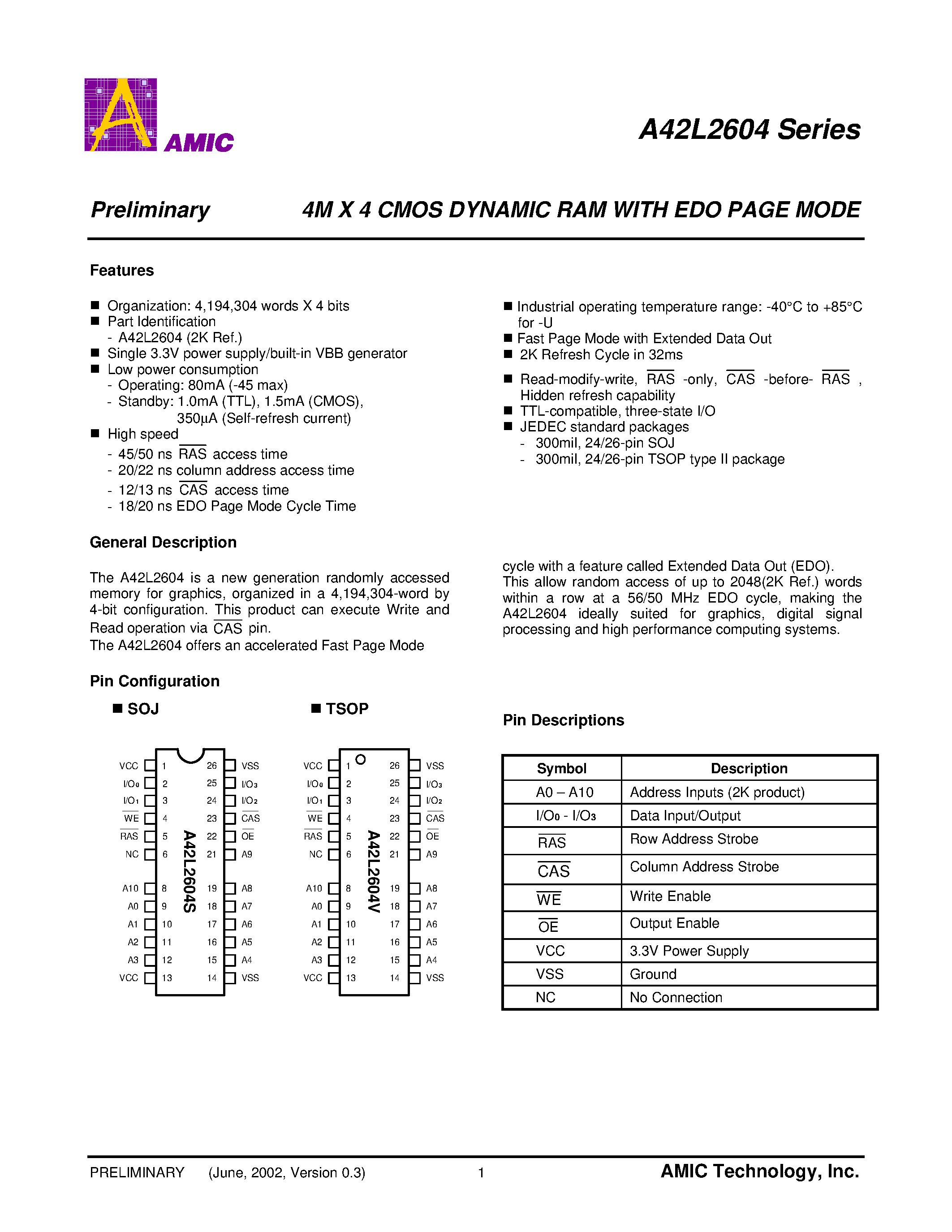 Datasheet A42L2604V-50U - 4M X 4 CMOS DYNAMIC RAM WITH EDO PAGE MODE page 2