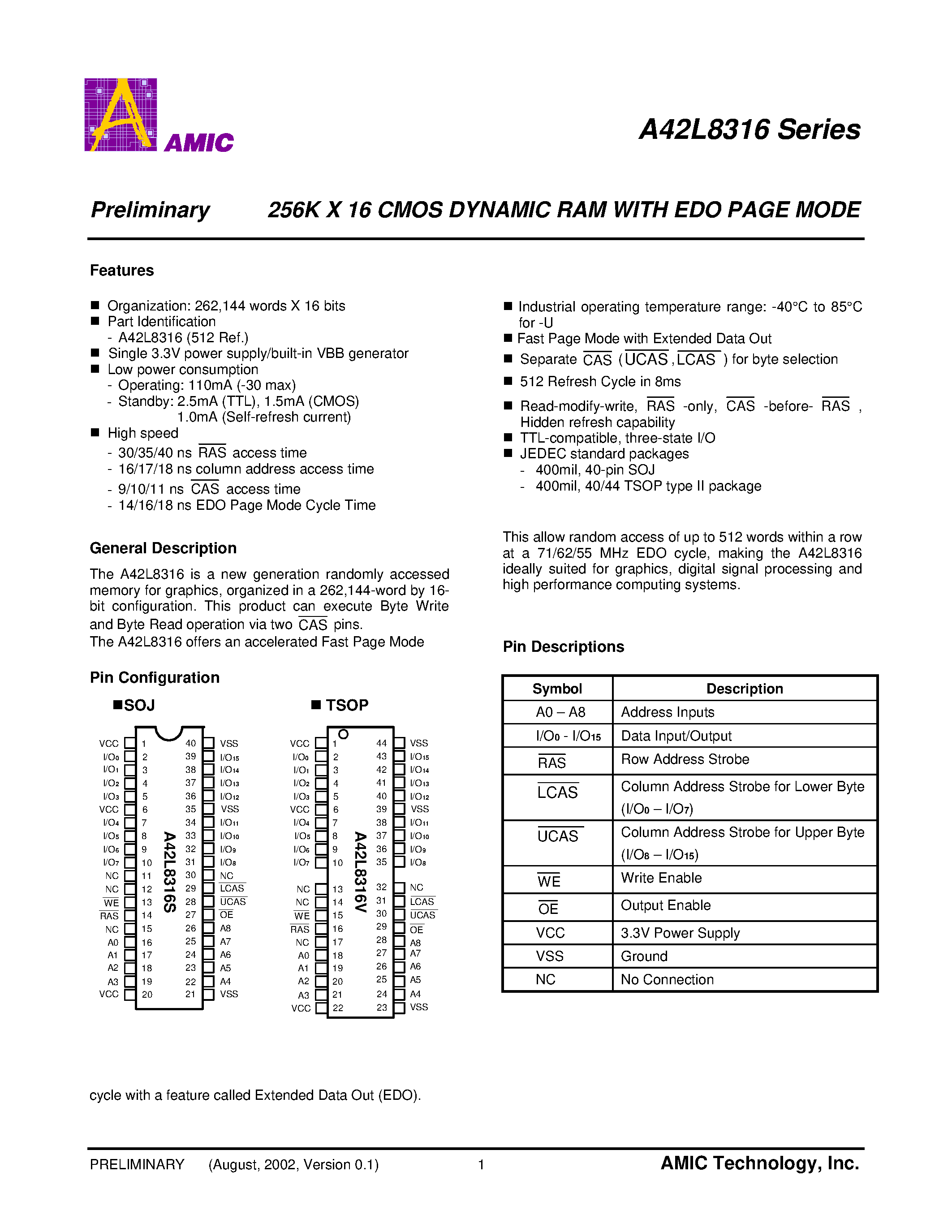 Datasheet A42L8316S - 256K X 16 CMOS DYNAMIC RAM WITH EDO PAGE MODE page 2