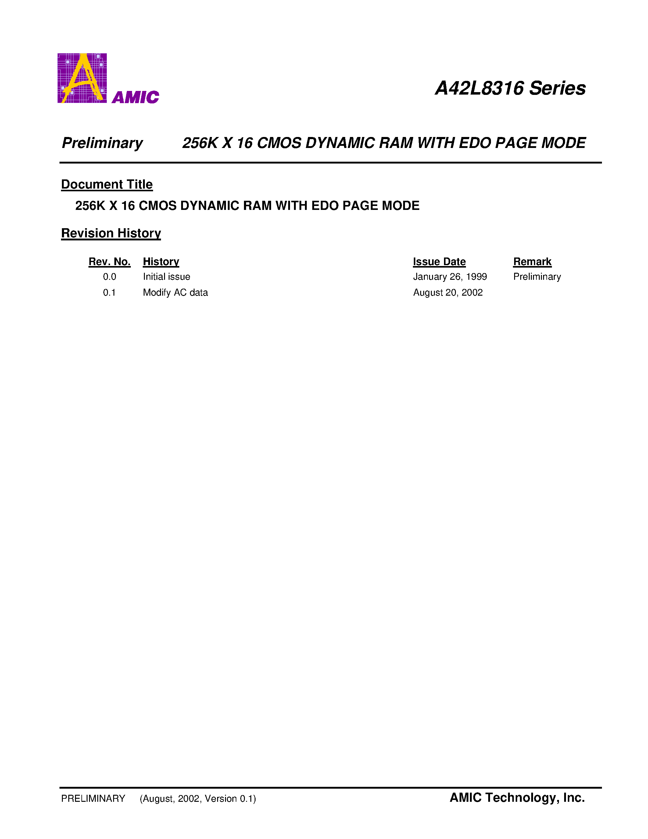 Datasheet A42L8316S-35 - 256K X 16 CMOS DYNAMIC RAM WITH EDO PAGE MODE page 1