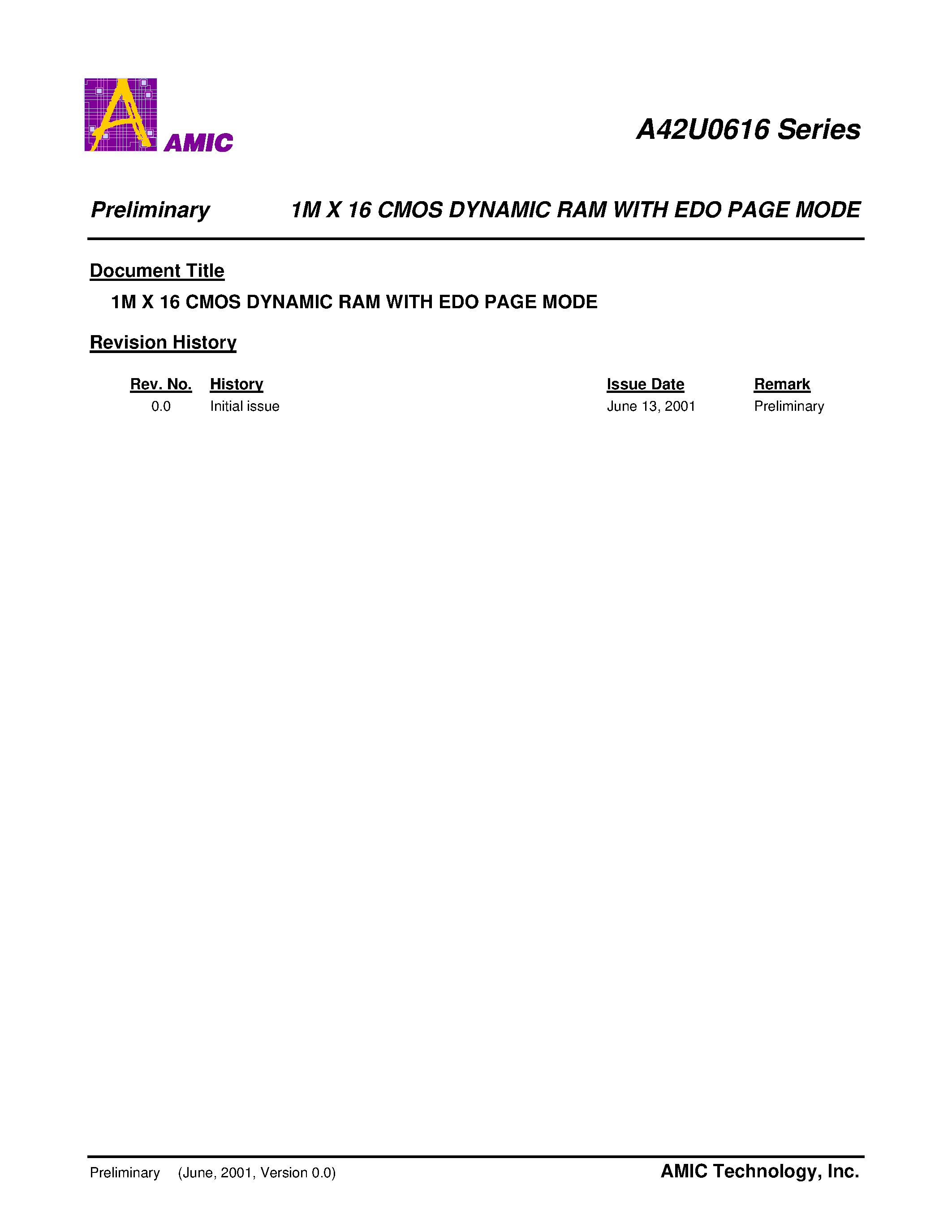 Datasheet A42U0616 - 1M X 16 CMOS DYNAMIC RAM WITH EDO PAGE MODE page 1