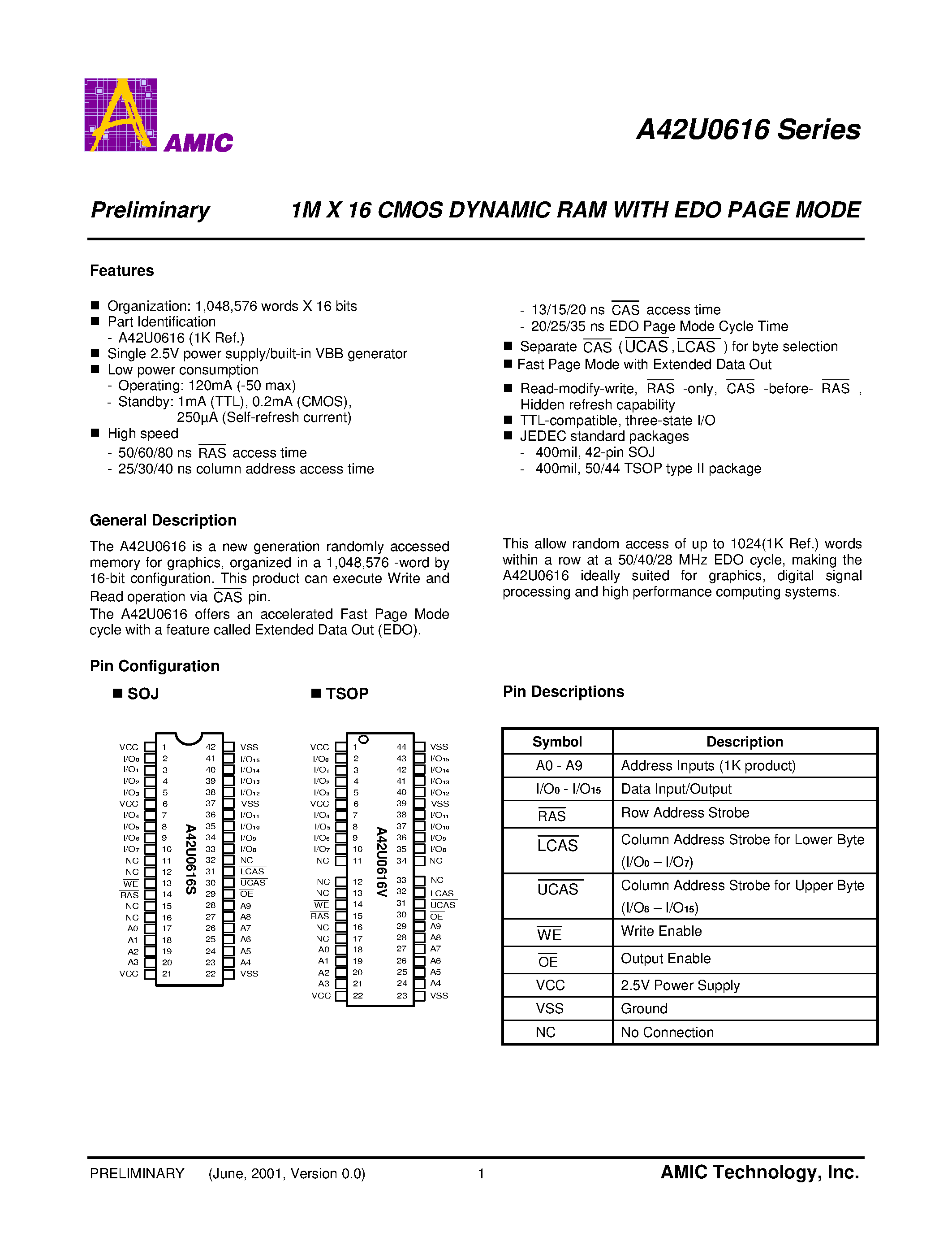 Datasheet A42U0616 - 1M X 16 CMOS DYNAMIC RAM WITH EDO PAGE MODE page 2