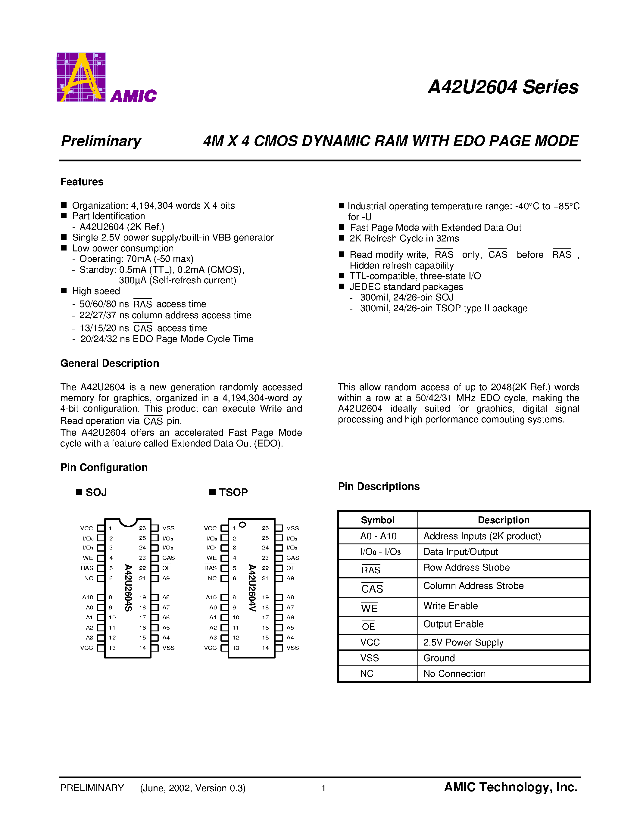 Datasheet A42U2604V-50U - 4M X 4 CMOS DYNAMIC RAM WITH EDO PAGE MODE page 2