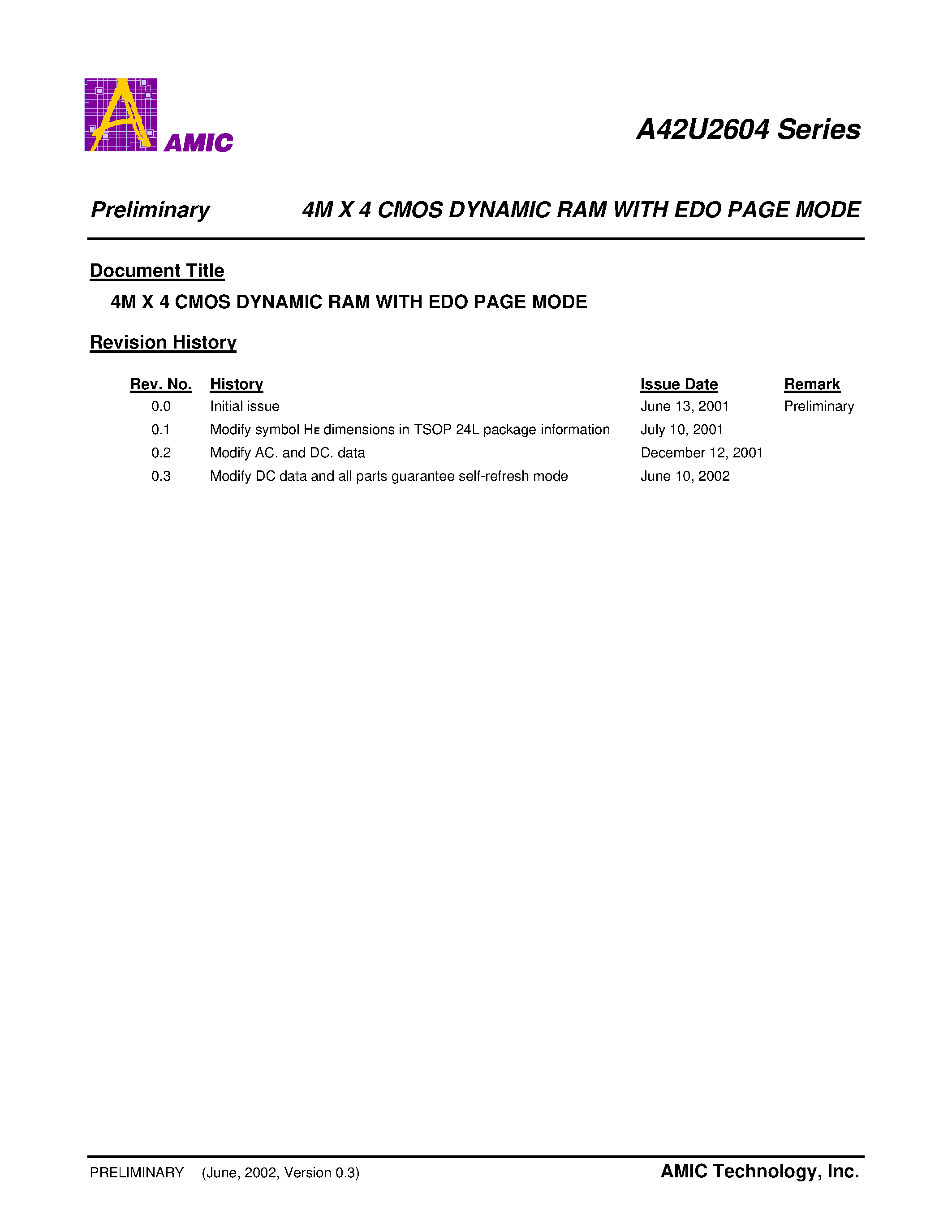 Datasheet A42U2604V-80 - 4M X 4 CMOS DYNAMIC RAM WITH EDO PAGE MODE page 1