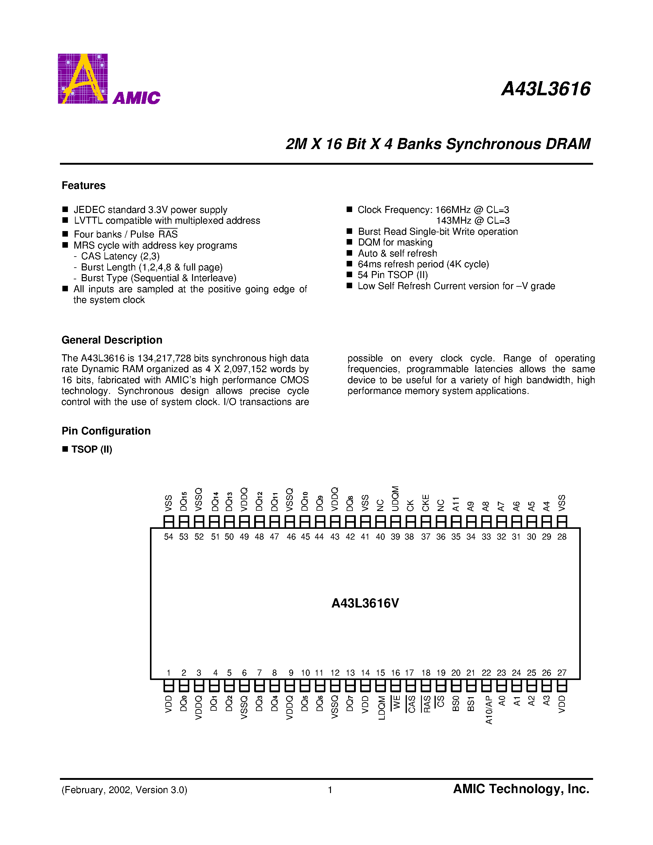 Datasheet A43L3616V-6V - 2M X 16 Bit X 4 Banks Synchronous DRAM page 1