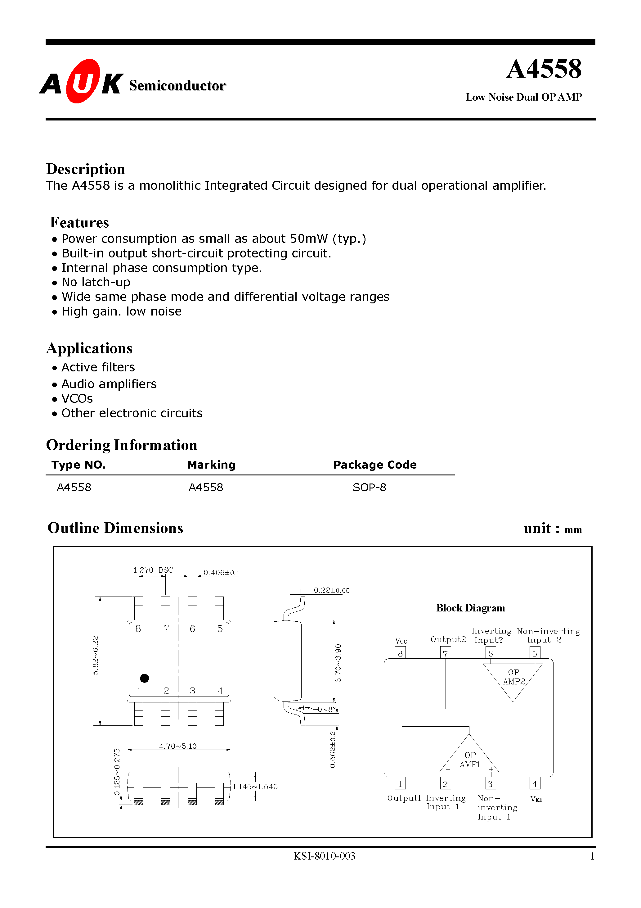 Datasheet A4558 - Low Noise Dual OP AMP (The A4558 is a monolithic Integrated Circuit designed for dual operational amplifier.) page 1