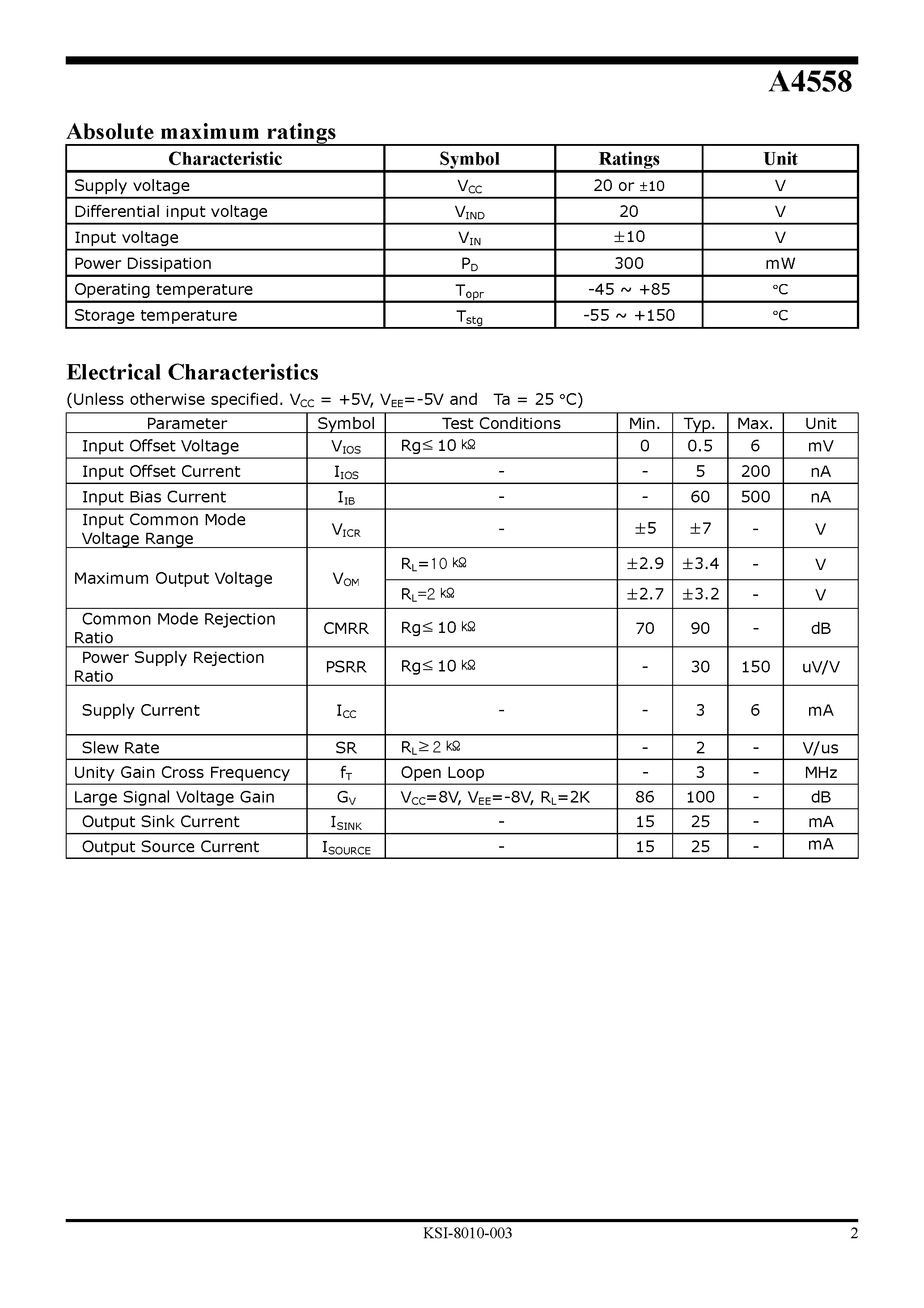 Datasheet A4558 - Low Noise Dual OP AMP (The A4558 is a monolithic Integrated Circuit designed for dual operational amplifier.) page 2