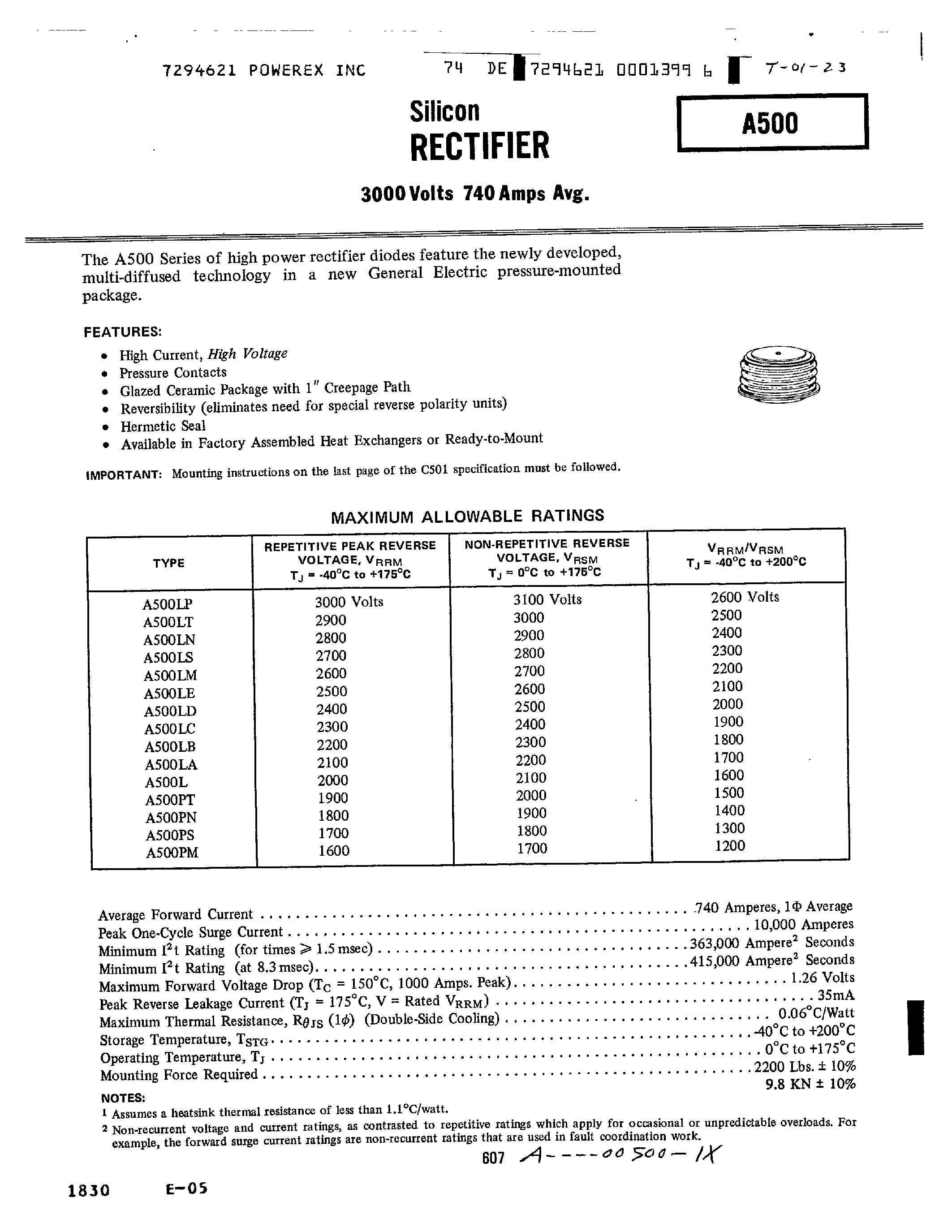 Datasheet A500LT page 1 Datasheet A500LT - SILICON RECTIFIER page 1