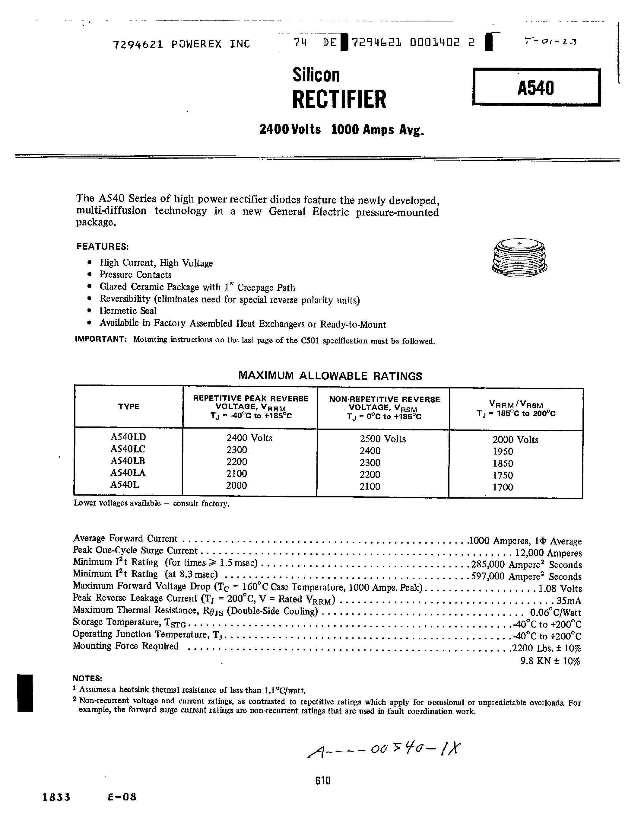 Datasheet A540LB page 1 Datasheet A540LB - SILICON RECTIFIER page 1