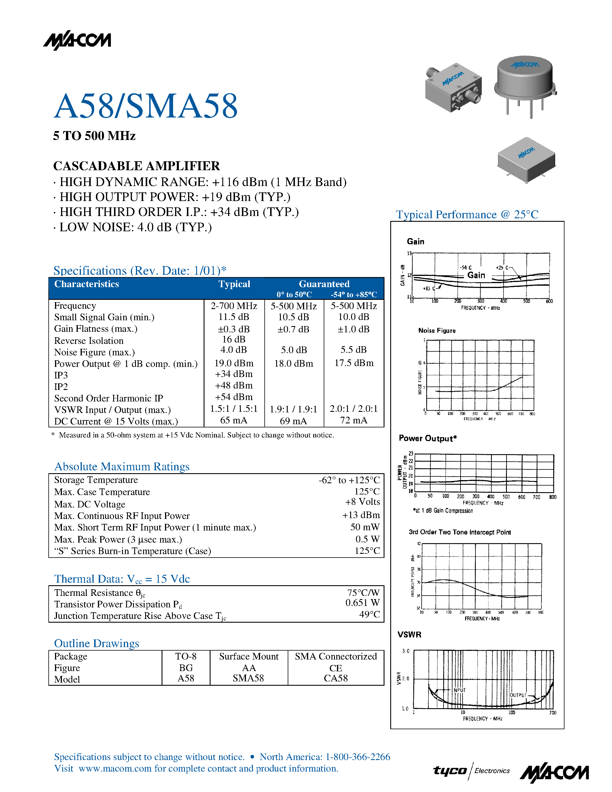 Даташит на микросхему A58 страница 1 Даташит A58 - 5 TO 500 MHz CASCADABLE AMPLIFIER страница 1