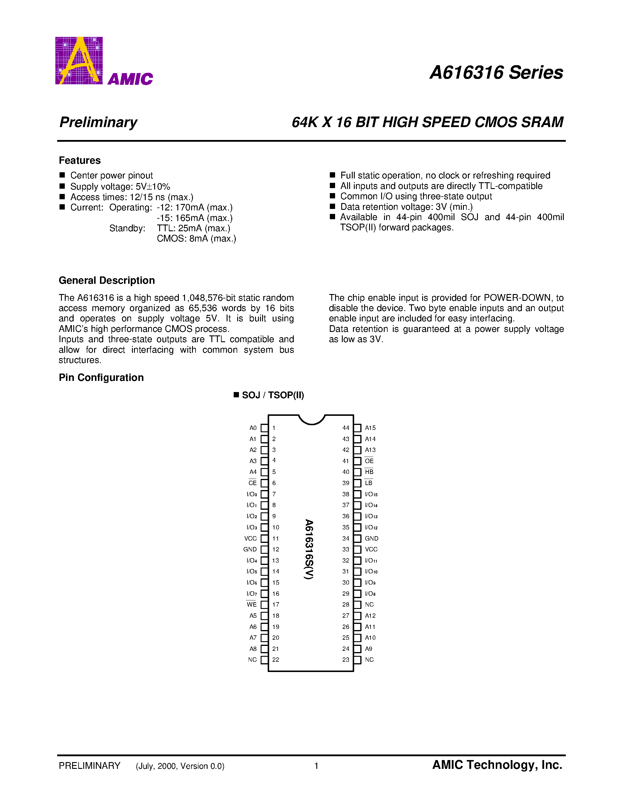 Datasheet A616316S-12 - 64K X 16 BIT HIGH SPEED CMOS SRAM page 2