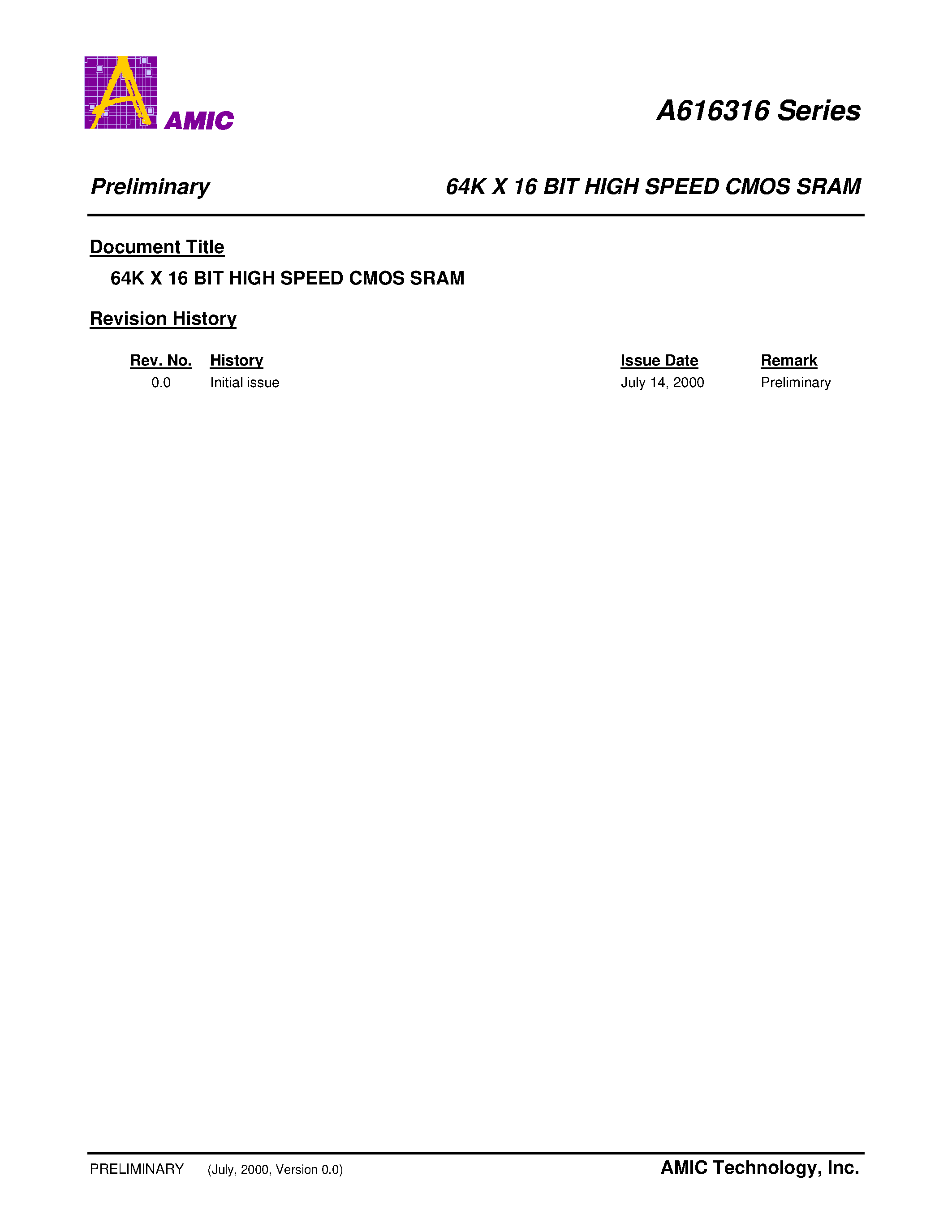 Datasheet A616316S-15 - 64K X 16 BIT HIGH SPEED CMOS SRAM page 1