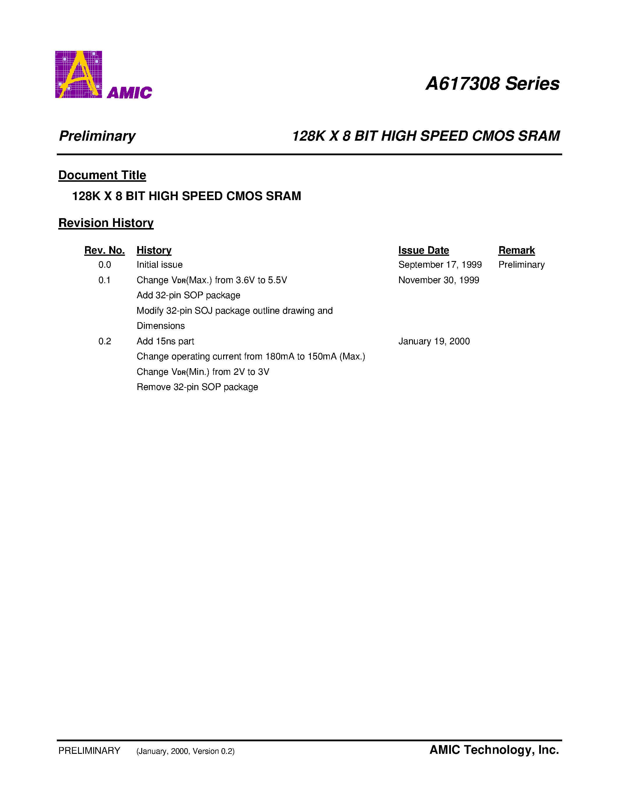 Datasheet A6173081S-12 - 128K X 8 BIT HIGH SPEED CMOS SRAM page 1