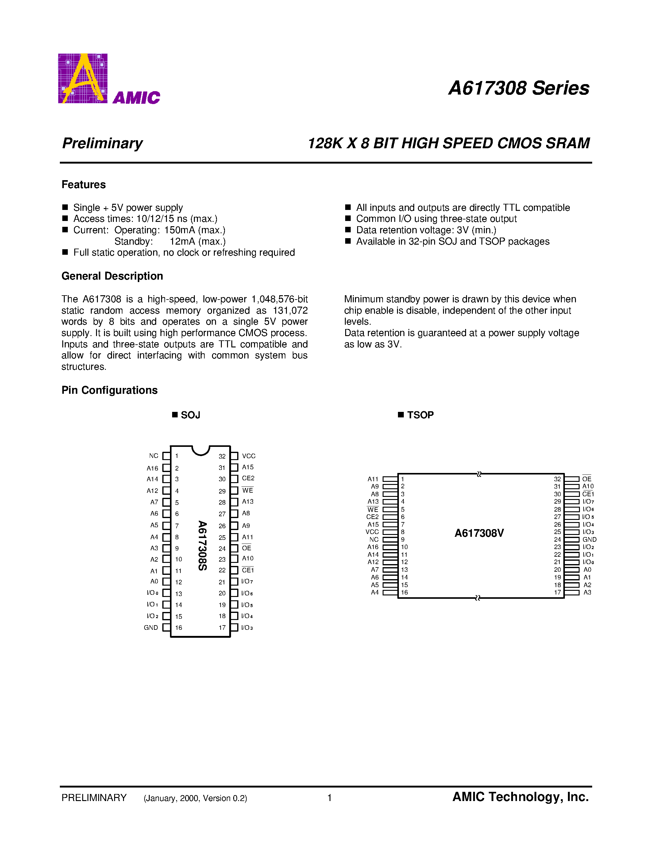 Datasheet A6173081S-12 - 128K X 8 BIT HIGH SPEED CMOS SRAM page 2