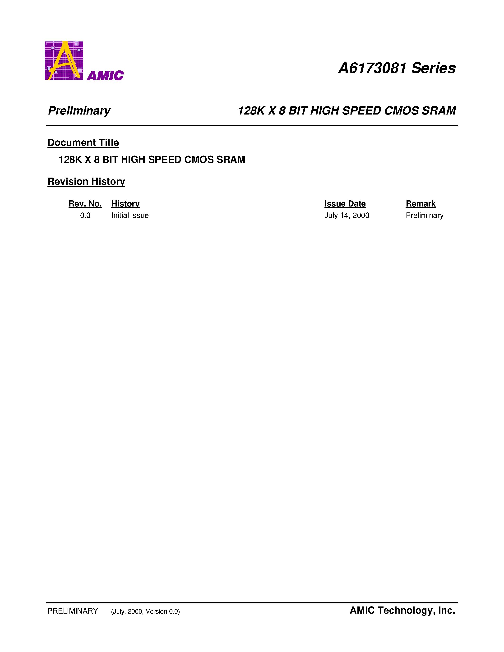 Datasheet A6173081S-15 - 128K X 8 BIT HIGH SPEED CMOS SRAM page 1