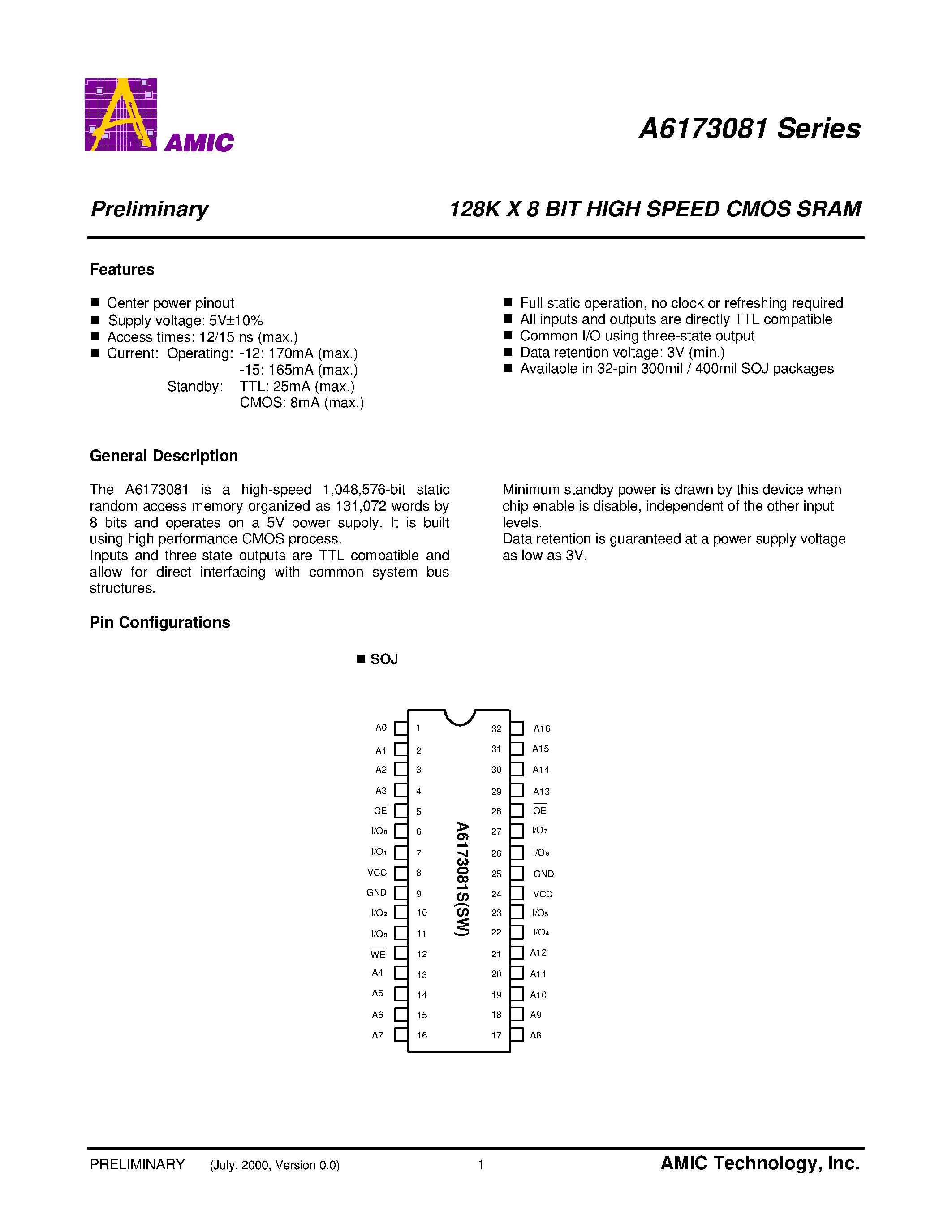 Datasheet A617308S - 128K X 8 BIT HIGH SPEED CMOS SRAM page 2