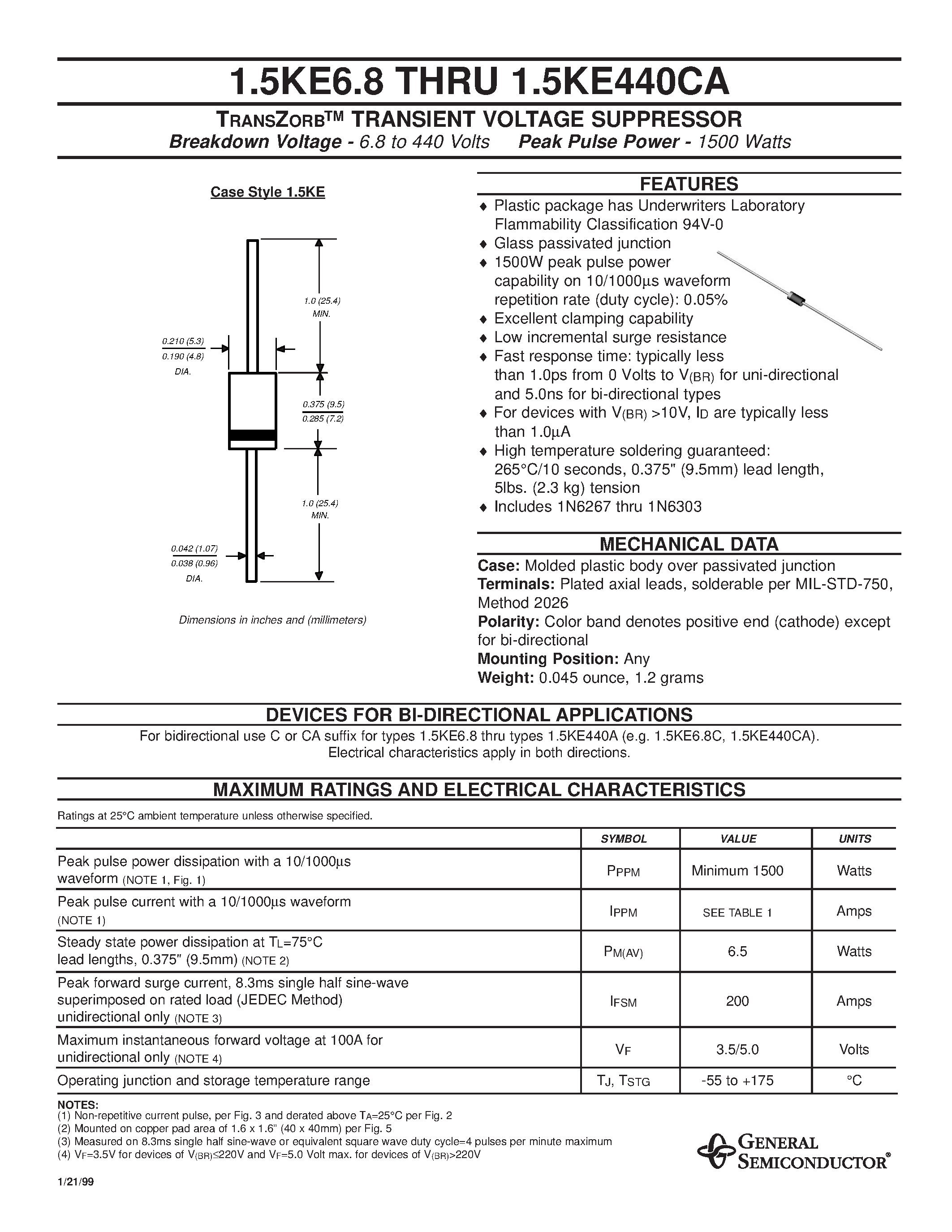 Datasheet 1.5KE13 - TRANSZORB TRANSIENT VOLTAGE SUPPRESSOR page 1
