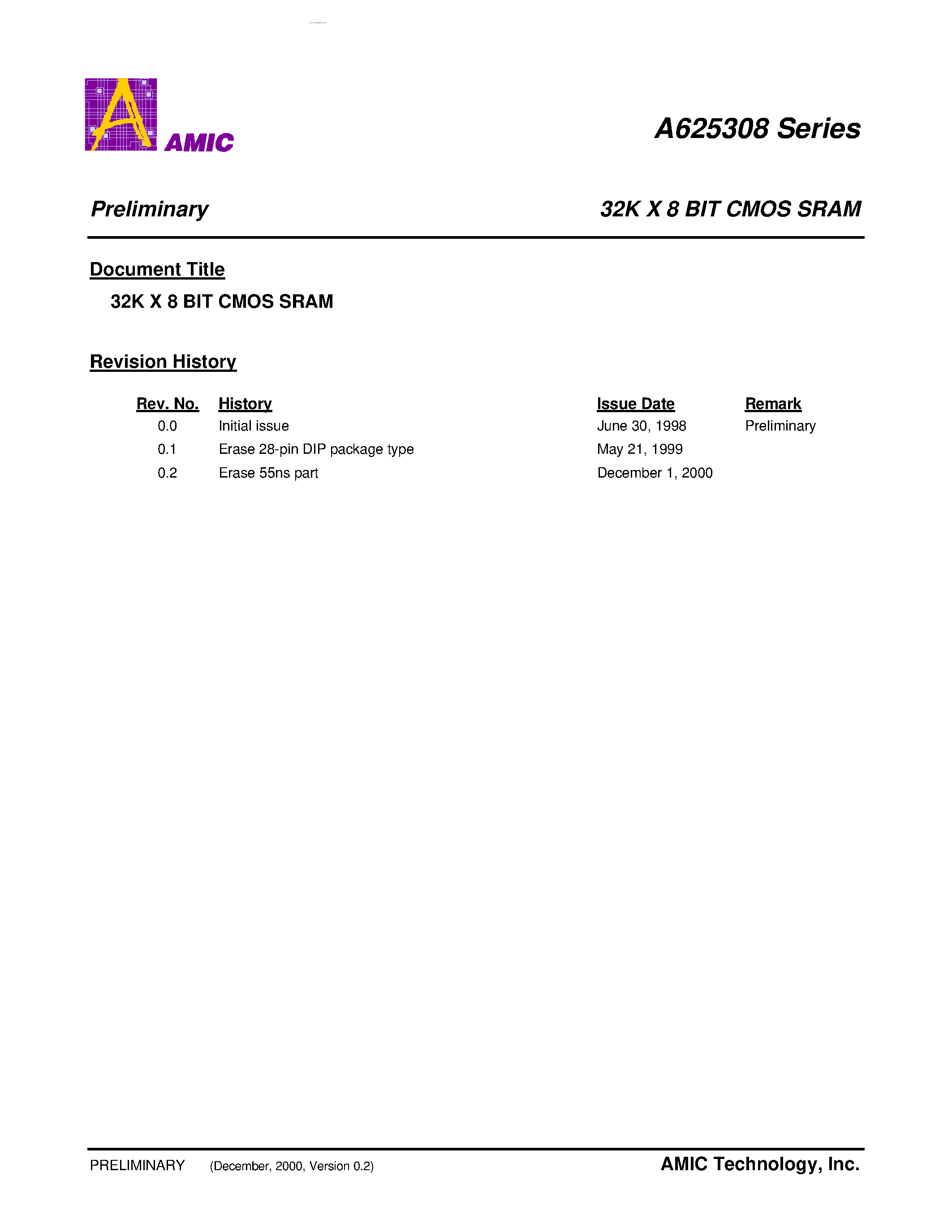 Datasheet A625308 - 32K X 8 BIT CMOS SRAM page 1
