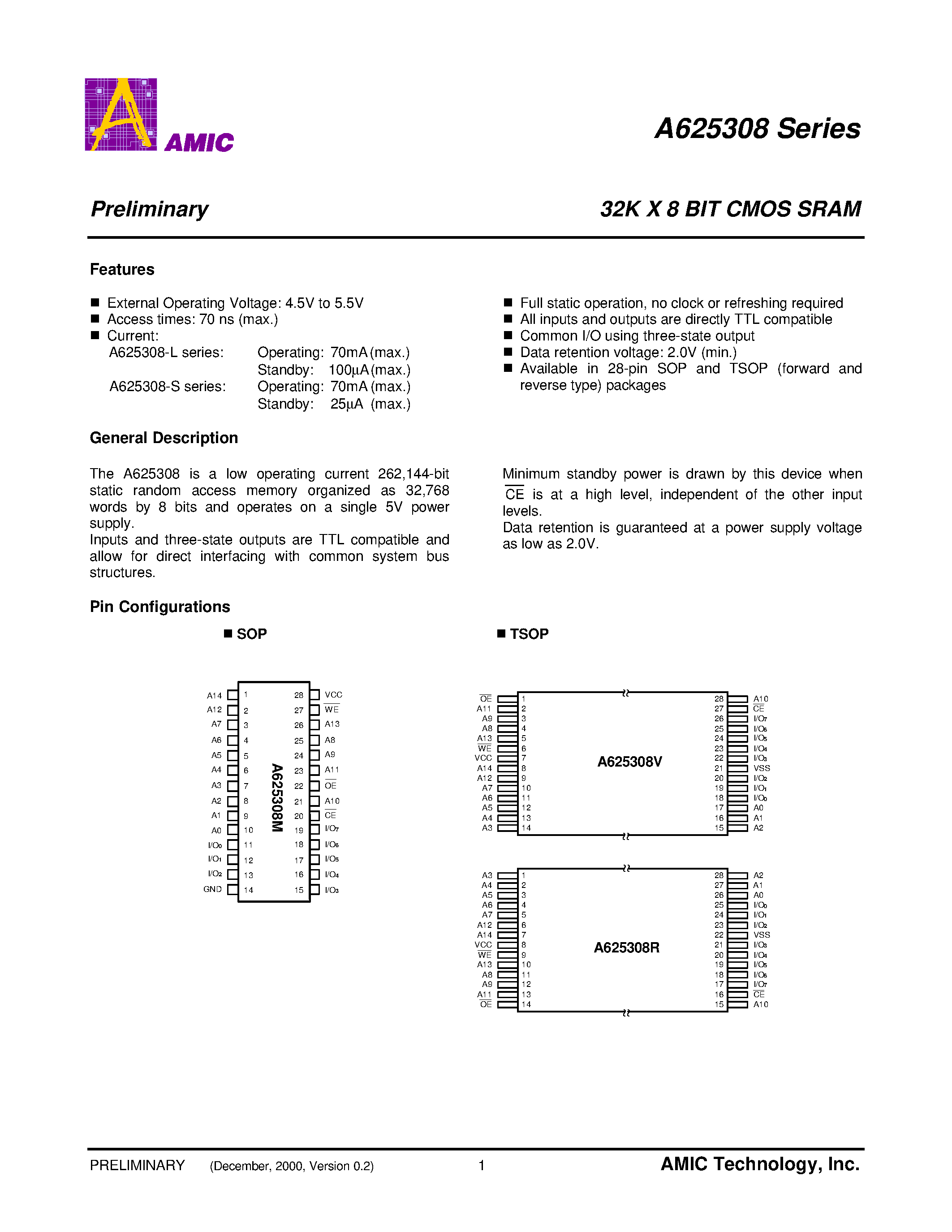 Datasheet A625308 - 32K X 8 BIT CMOS SRAM page 2