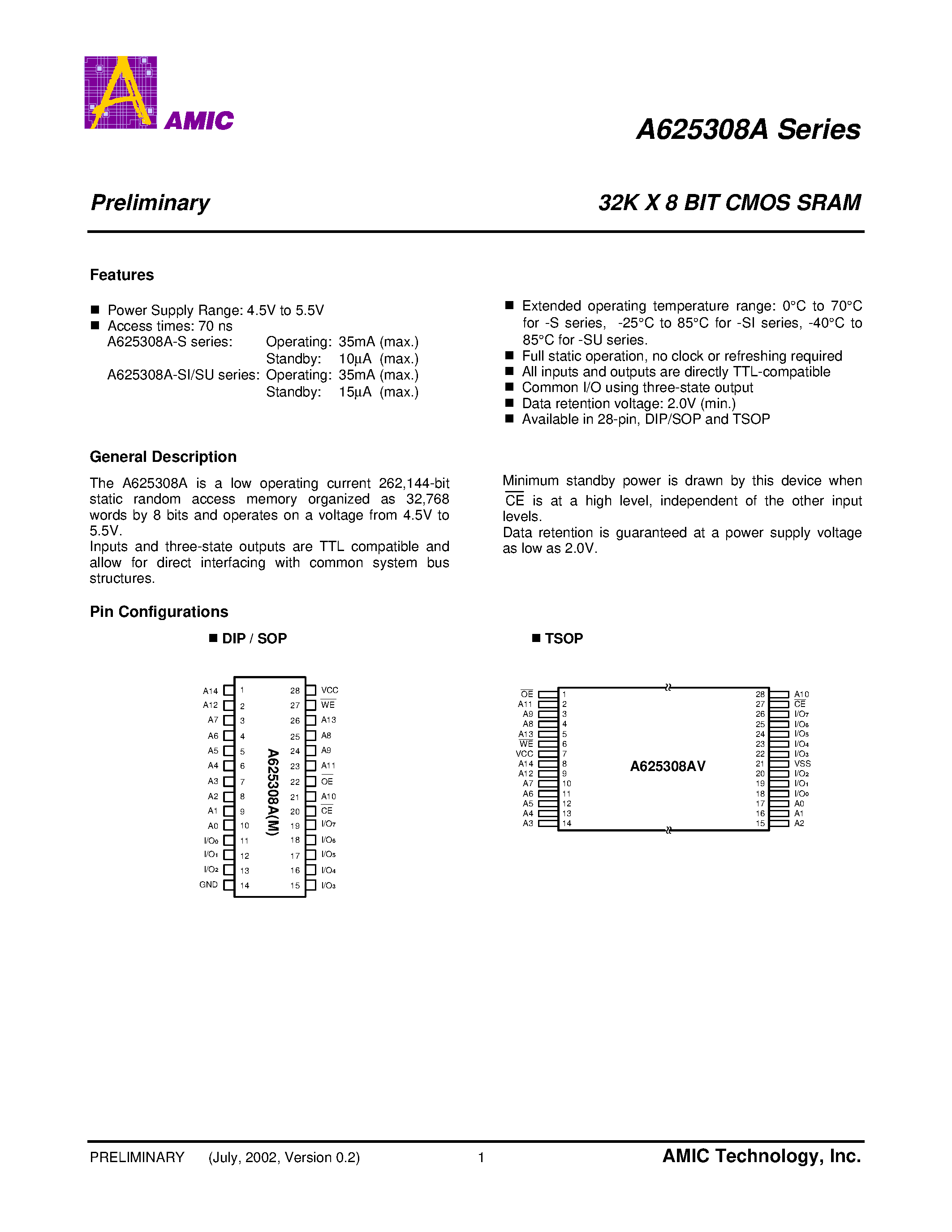 Datasheet A625308AV-70SI - 32K X 8 BIT CMOS SRAM page 2