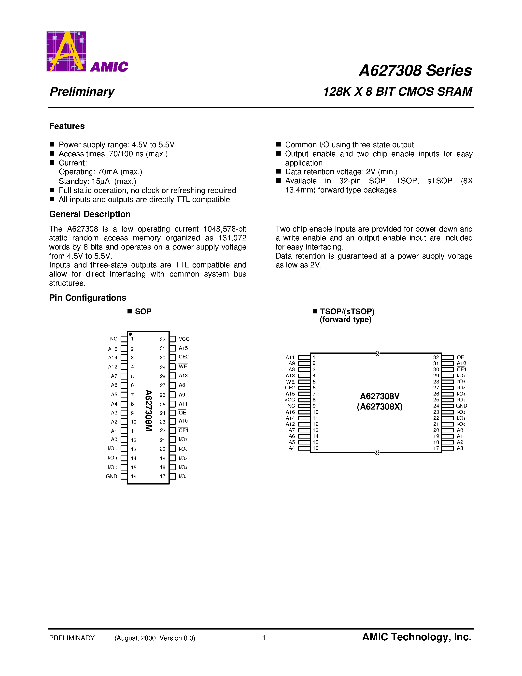 Datasheet A627308V - 128K X 8 BIT CMOS SRAM page 2