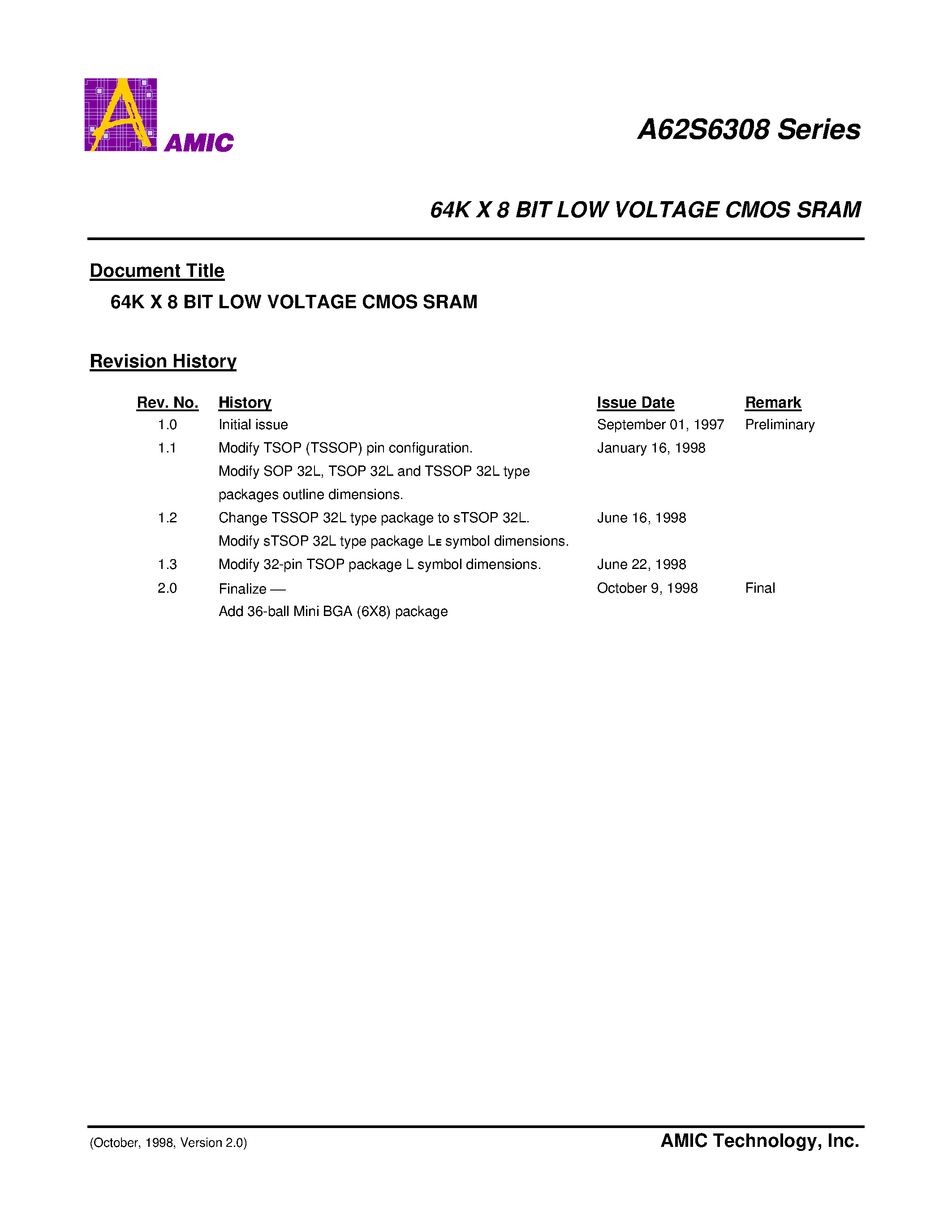 Datasheet A62S6308 - 64K X 8 BIT LOW VOLTAGE CMOS SRAM page 1