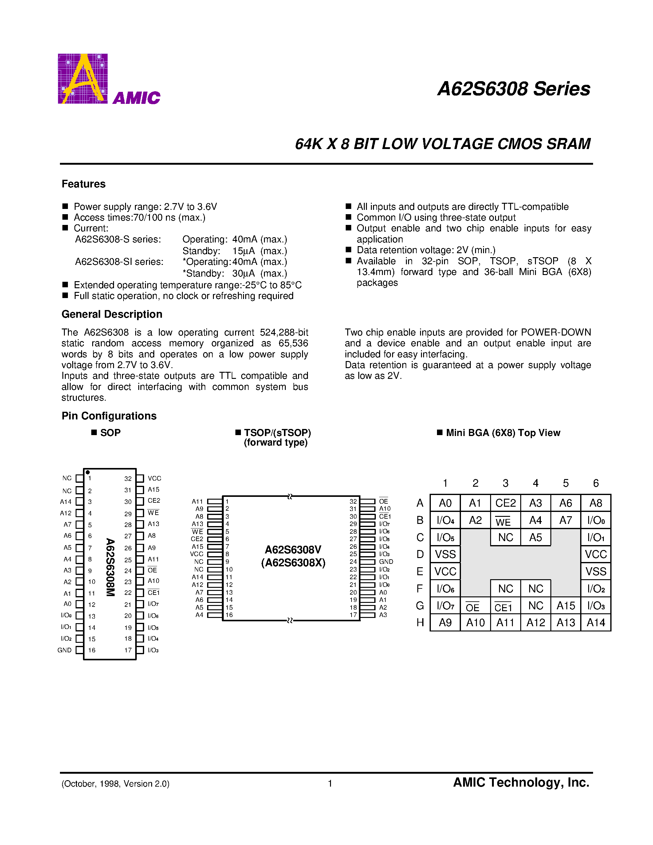 Datasheet A62S6308 - 64K X 8 BIT LOW VOLTAGE CMOS SRAM page 2