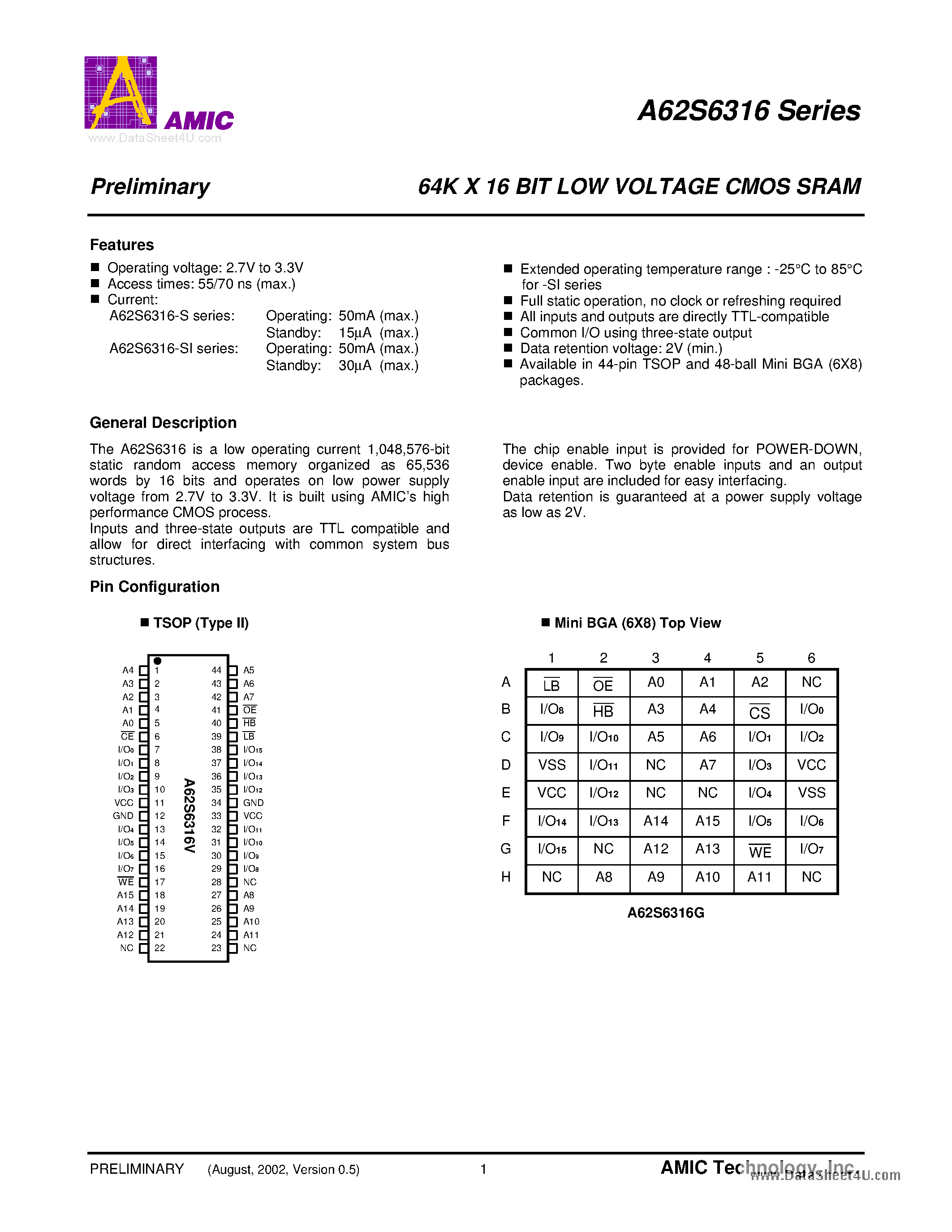 Datasheet A62S6316G-55SI - 64K X 16 BIT LOW VOLTAGE CMOS SRAM page 2