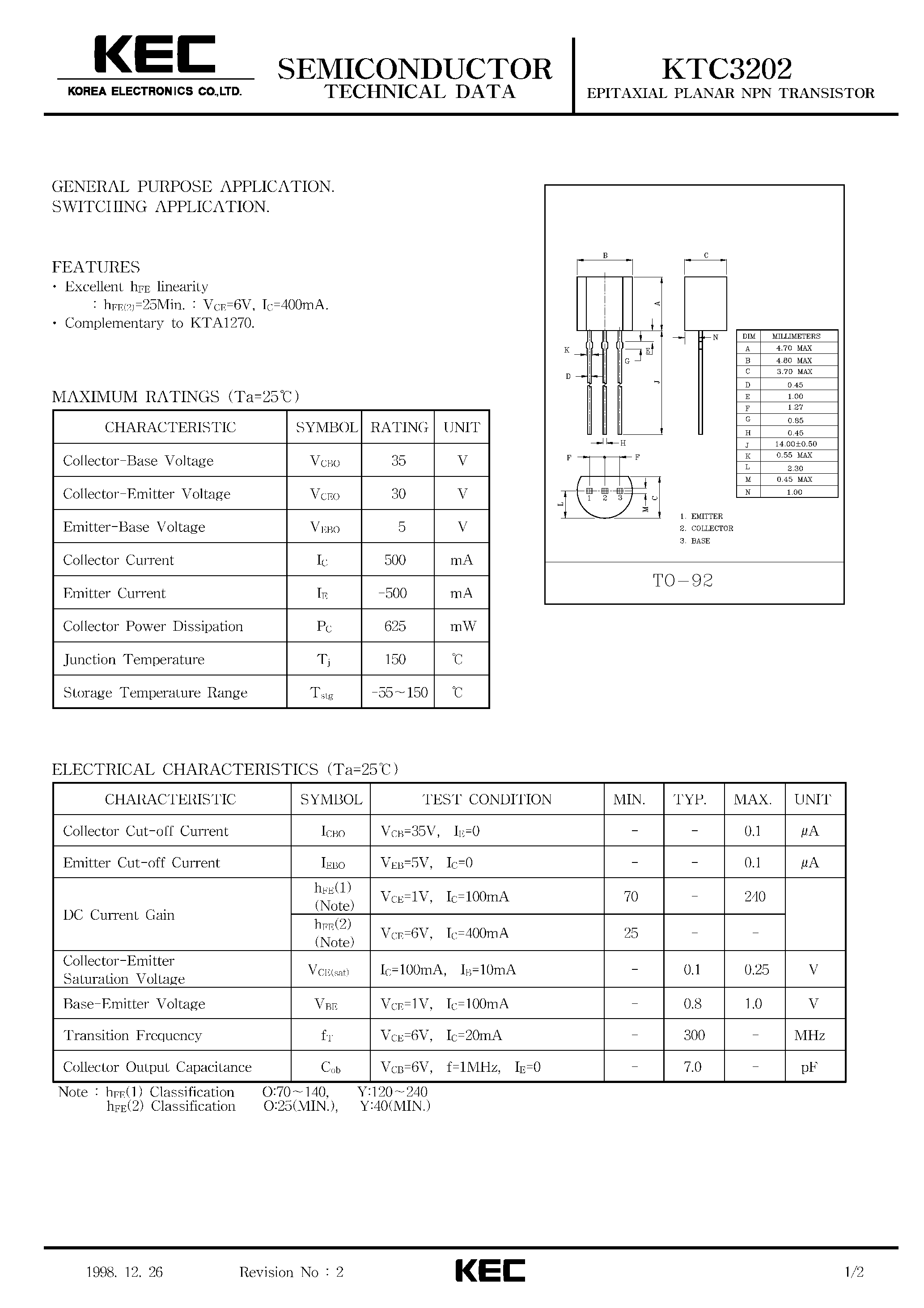 Datasheet KTC3202 page 1 Datasheet KTC3202 - EPITAXIAL PLANAR NPN TRANSISTOR (GENERAL PURPOSE/ SWITCHING) page 1