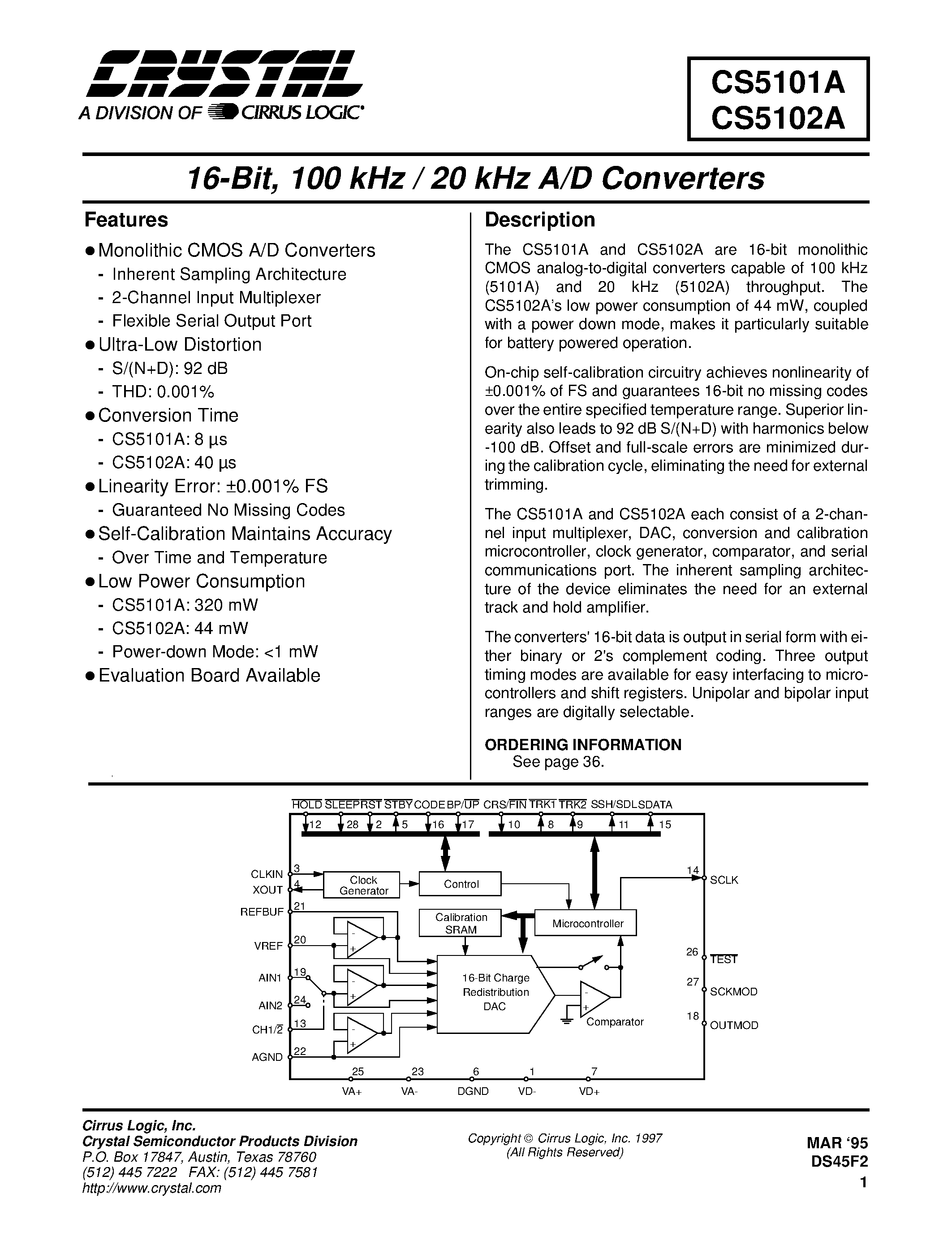 Даташит CS5101A-BP8 - 16-Bit/ 100kHz/ 20kHz A/D Converters страница 1