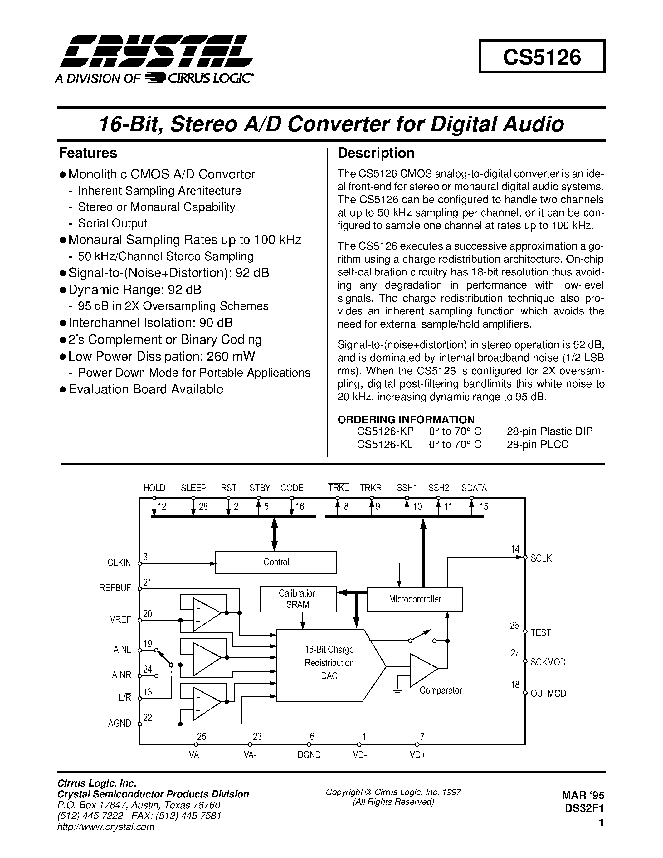Даташит CS5126-KP - 16-Bit Stereo A/D Converter for Digital Audio страница 1