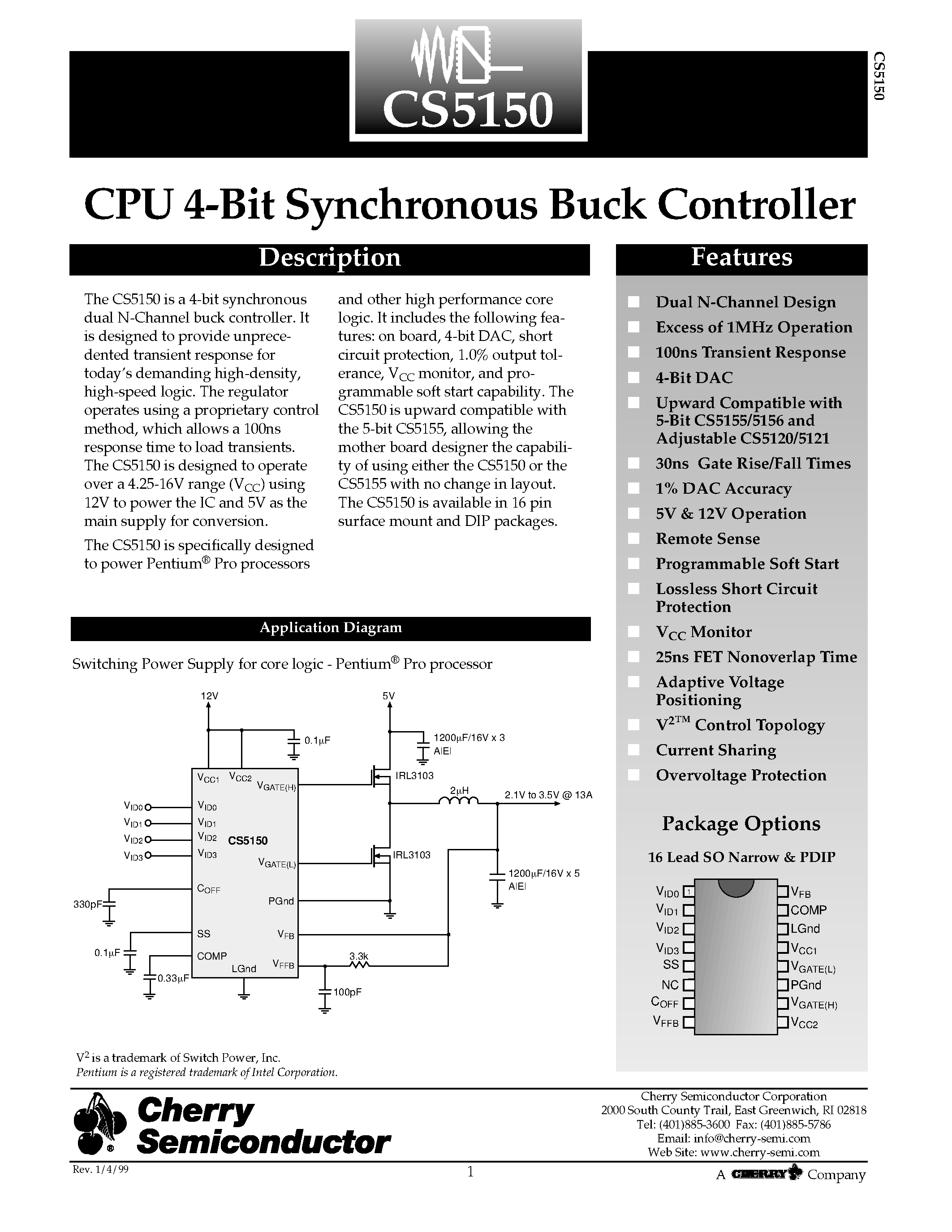 Datasheet CS5150GDR16 page 1 Datasheet CS5150GDR16 - CPU 4-Bit Synchronous Buck Controller page 1
