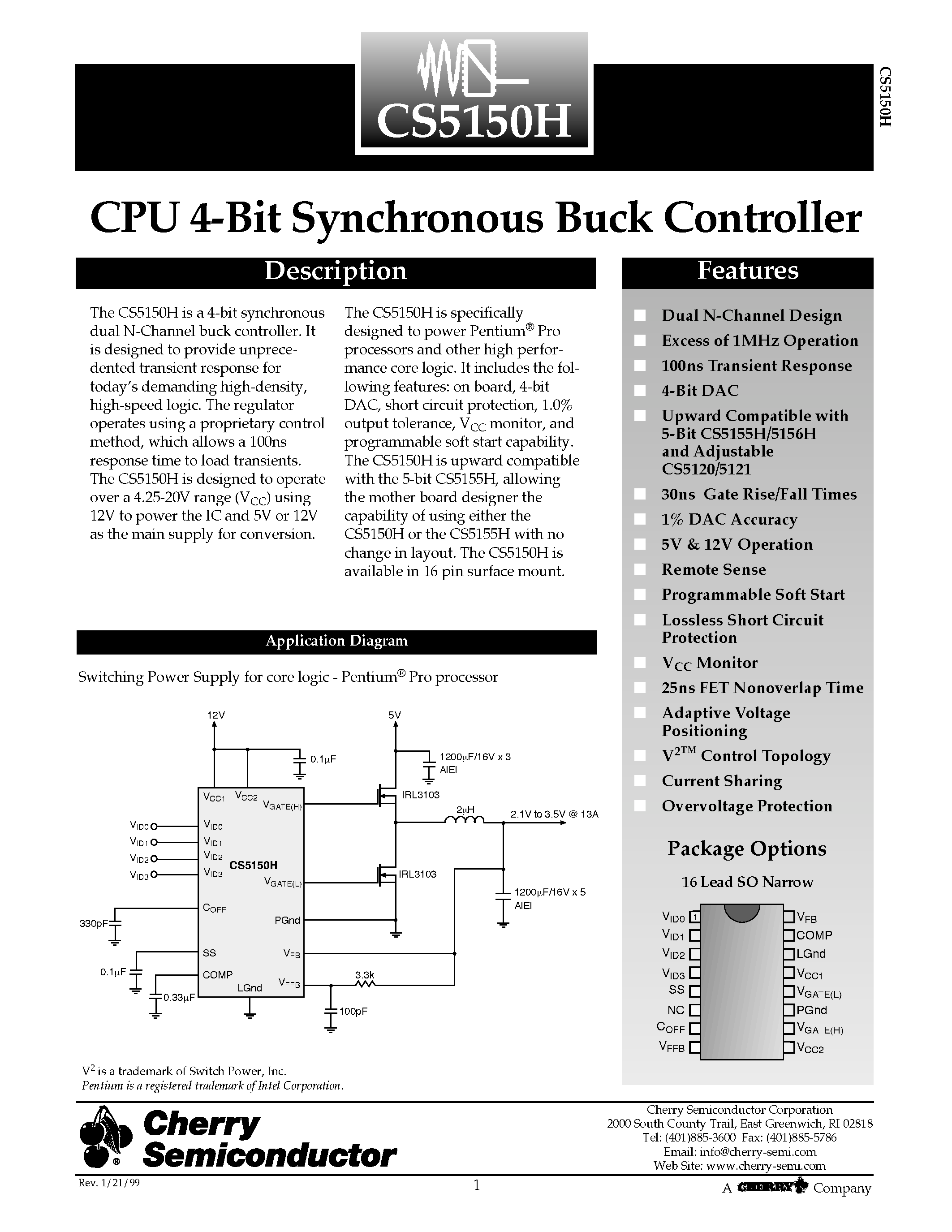 Datasheet CS5150HGDR16 - CPU 4-Bit Synchronous Buck Controller page 1