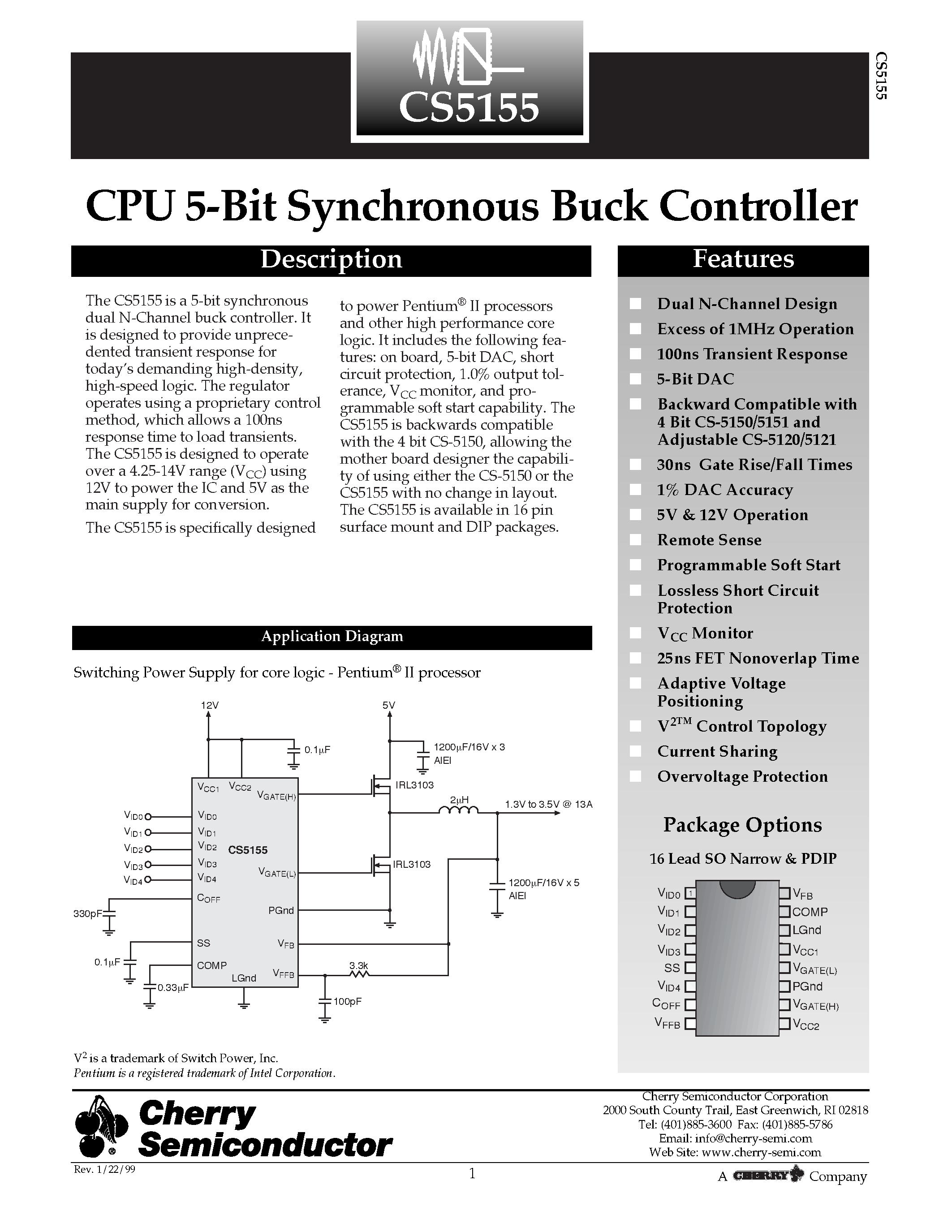 Datasheet CS5155GN16 page 1 Datasheet CS5155GN16 - CPU 5-Bit Synchronous Buck Controller page 1