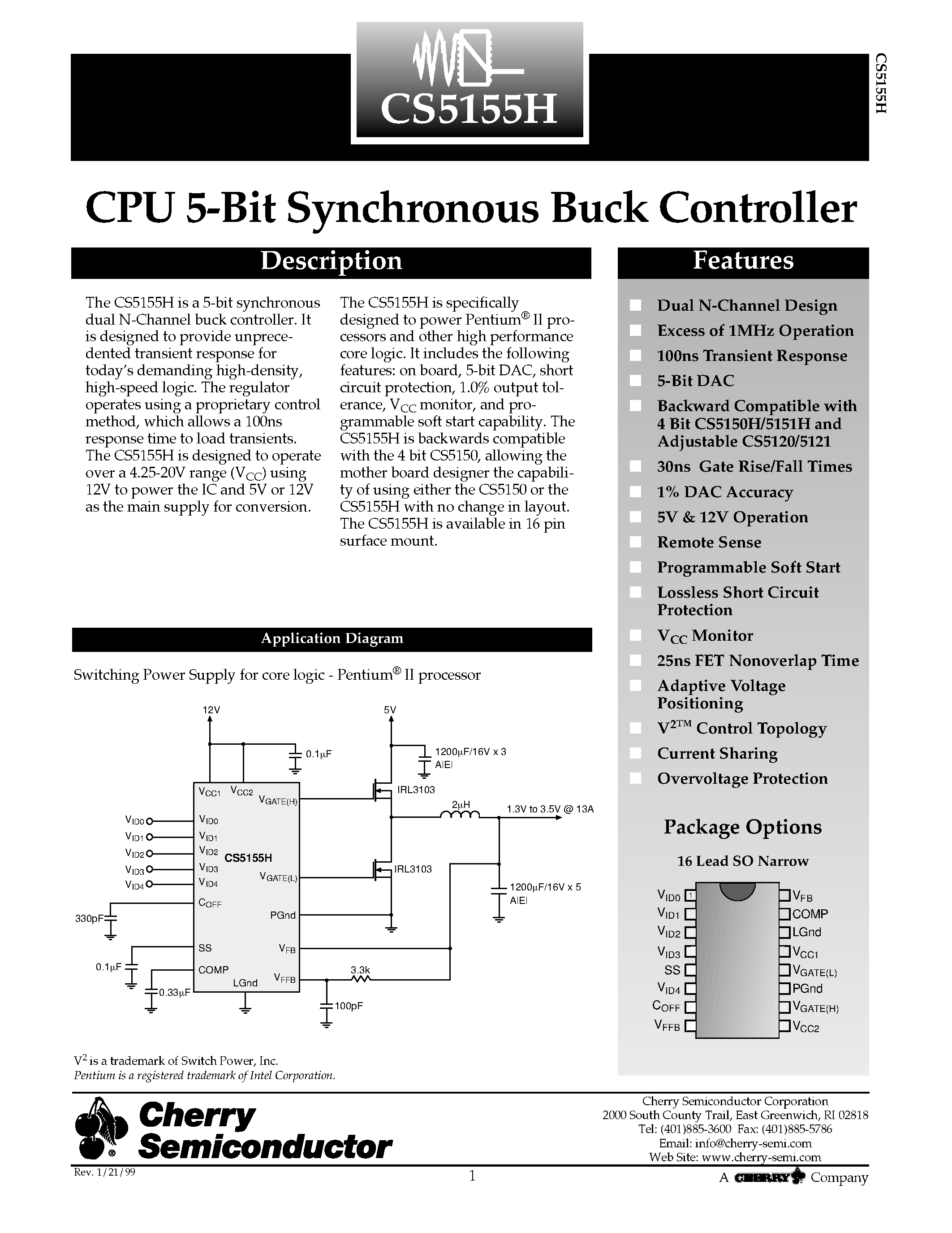 Datasheet CS5155HGD16 page 1 Datasheet CS5155HGD16 - CPU 5-Bit Synchronous Buck Controller page 1