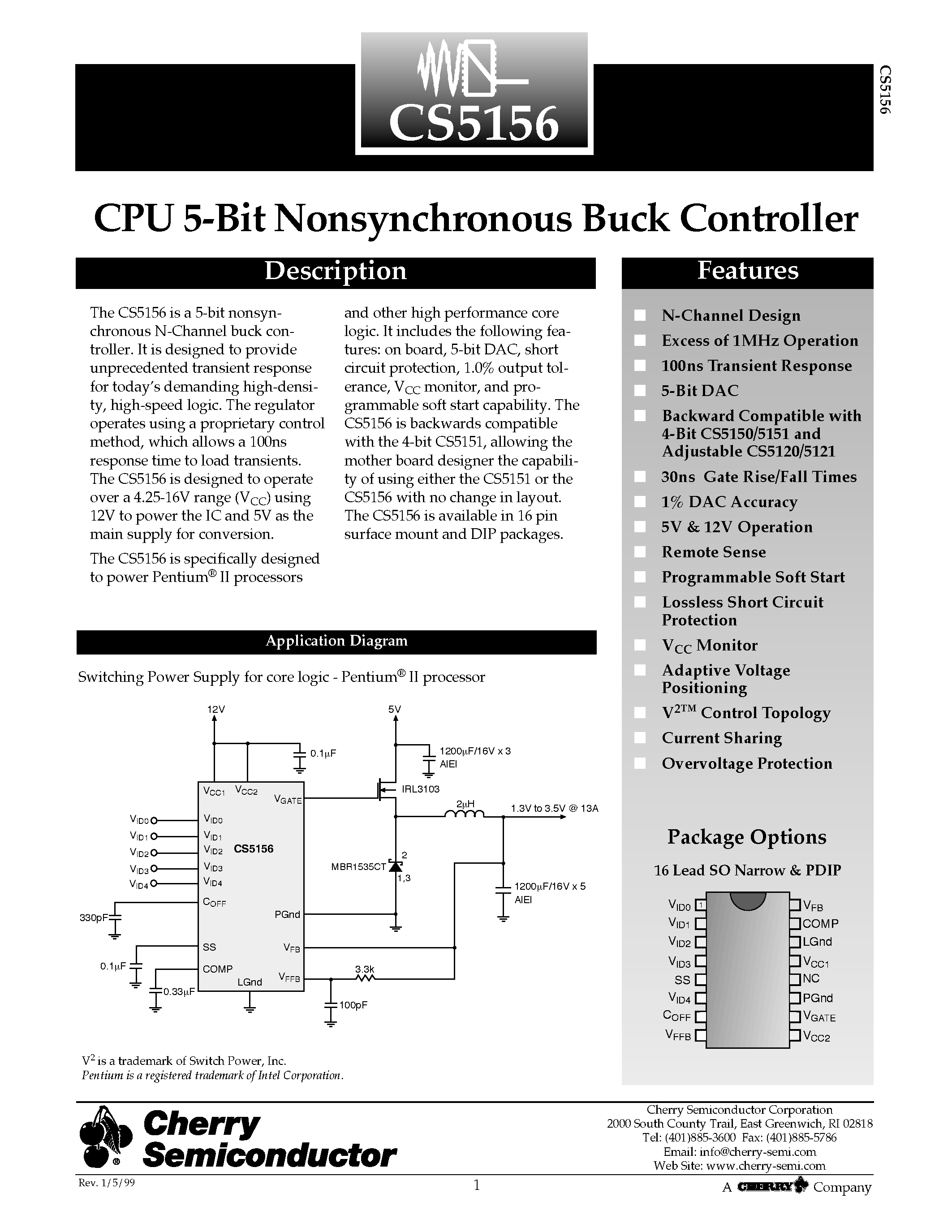 Datasheet CS5156 - CPU 5-Bit Nonsynchronous Buck Controller page 1
