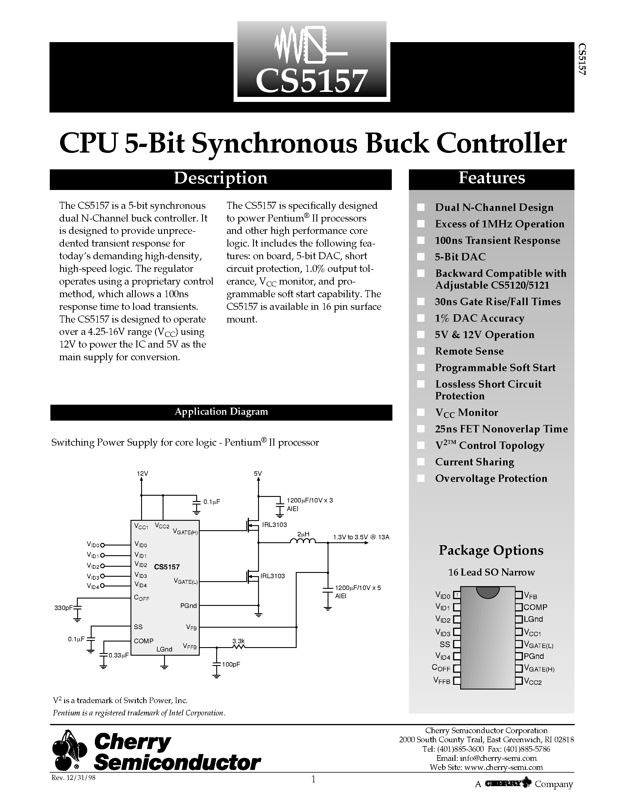 Datasheet CS5157GDR16 - CPU 5-Bit Synchronous Buck Controller page 1