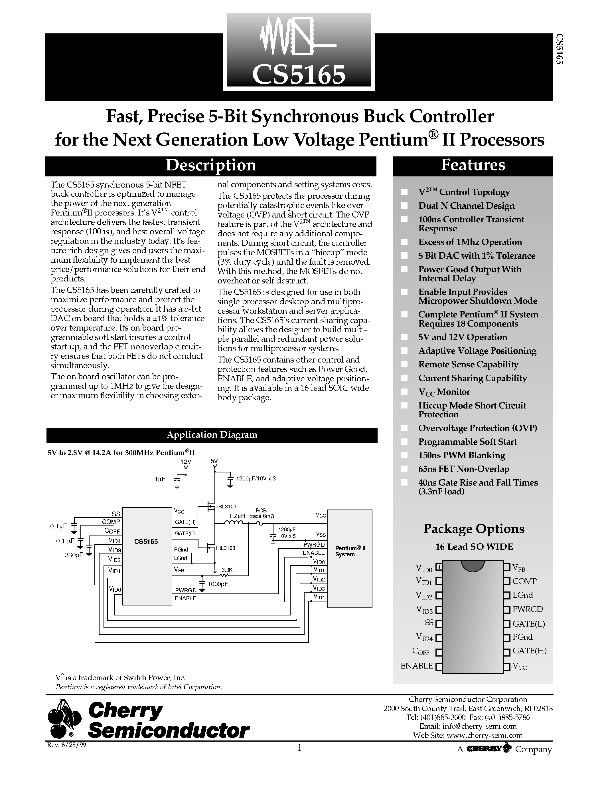 Datasheet CS5165GDW16 - Fast/ Precise 5-Bit Synchronous Buck Controller for the Next Generation Low Voltage Pentium II Processors page 1