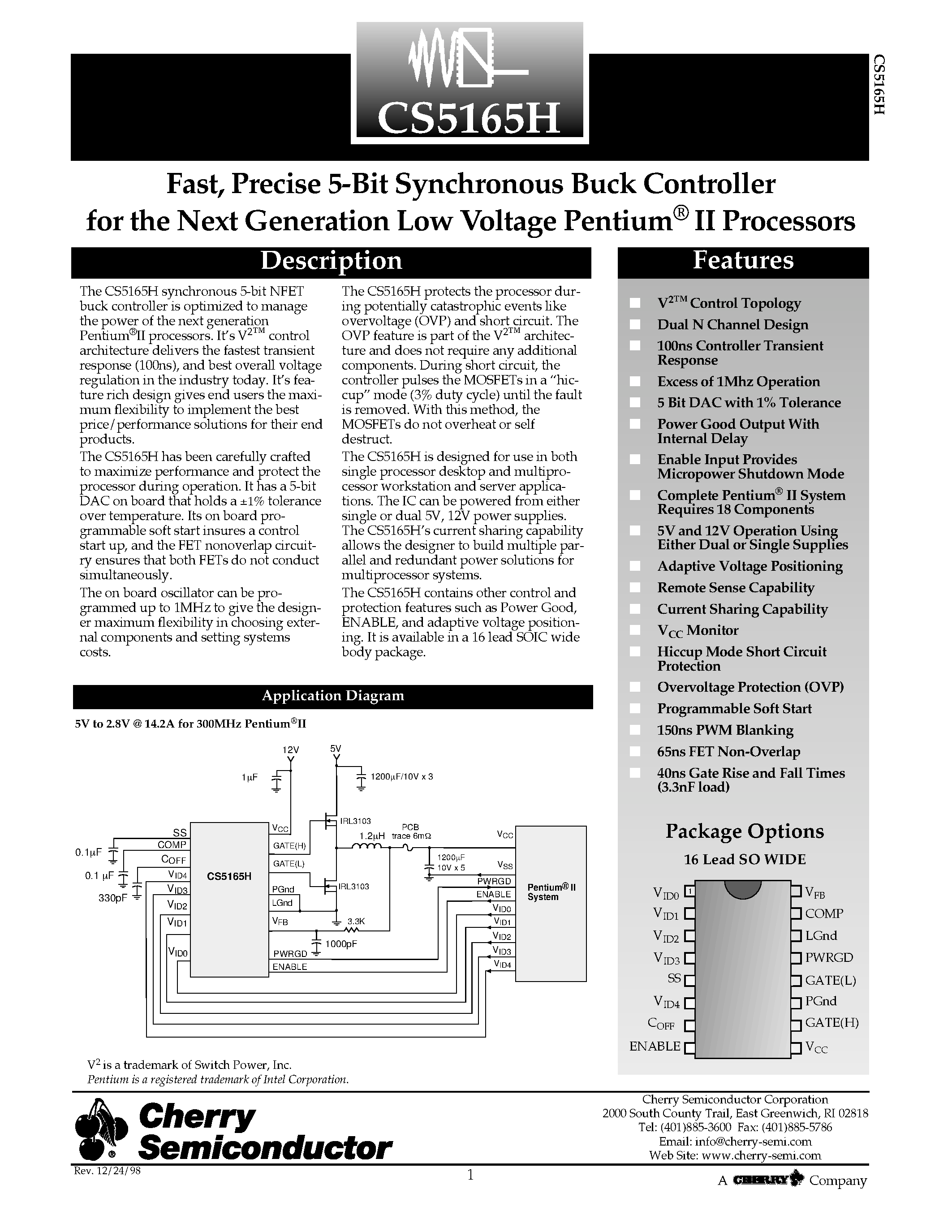 Datasheet CS5165H - Fast/ Precise 5-Bit Synchronous Buck Controller for the Next Generation Low Voltage Pentium II Processors page 1