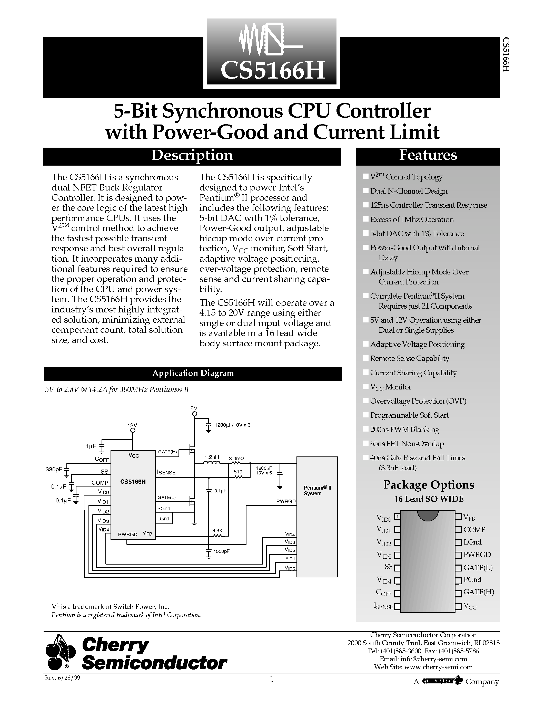 Datasheet CS5166H - 5-Bit Synchronous CPU Controller with Power-Good and Current Limit page 1