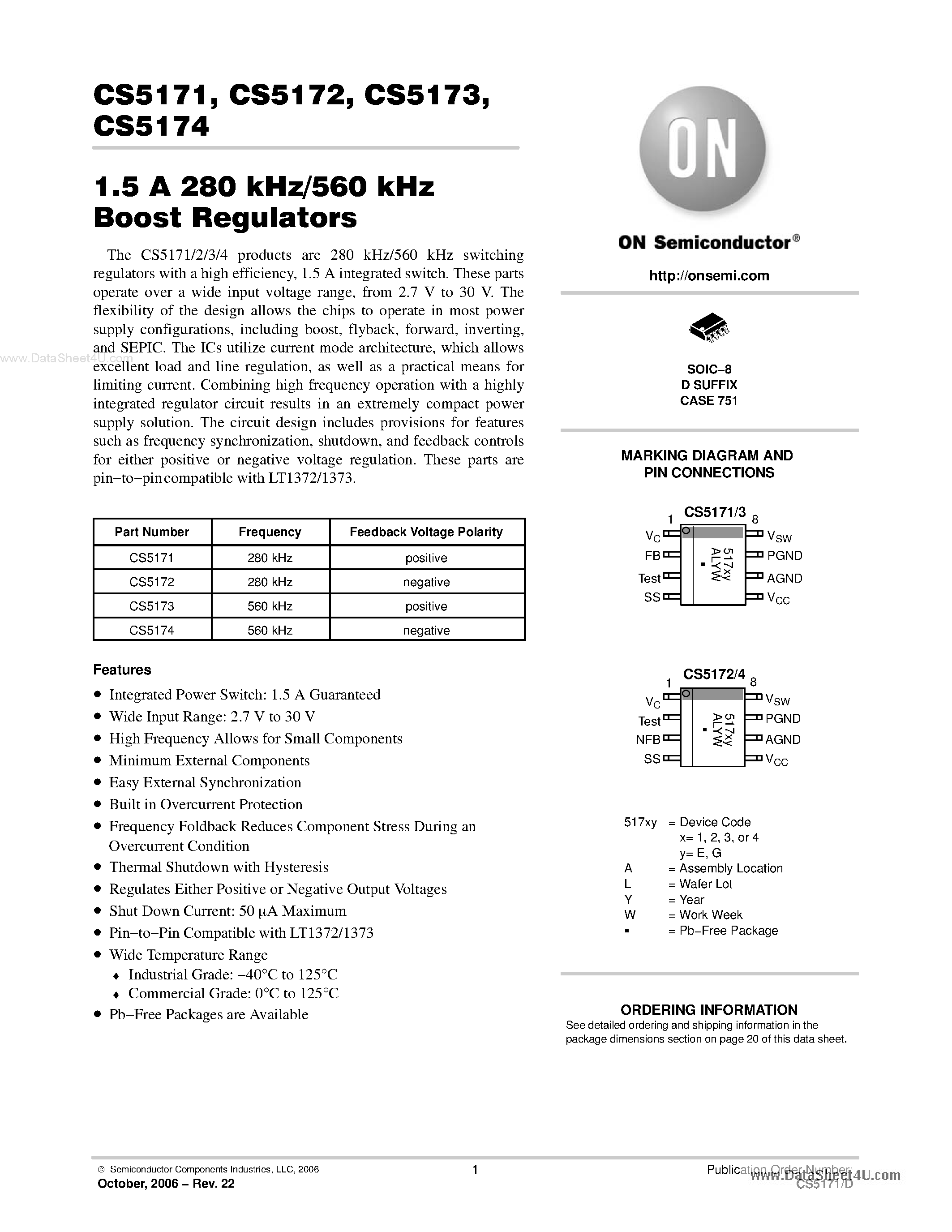 Datasheet CS5171ED8 - 1.5 A 280 kHz/560 kHz Boost Regulators page 1