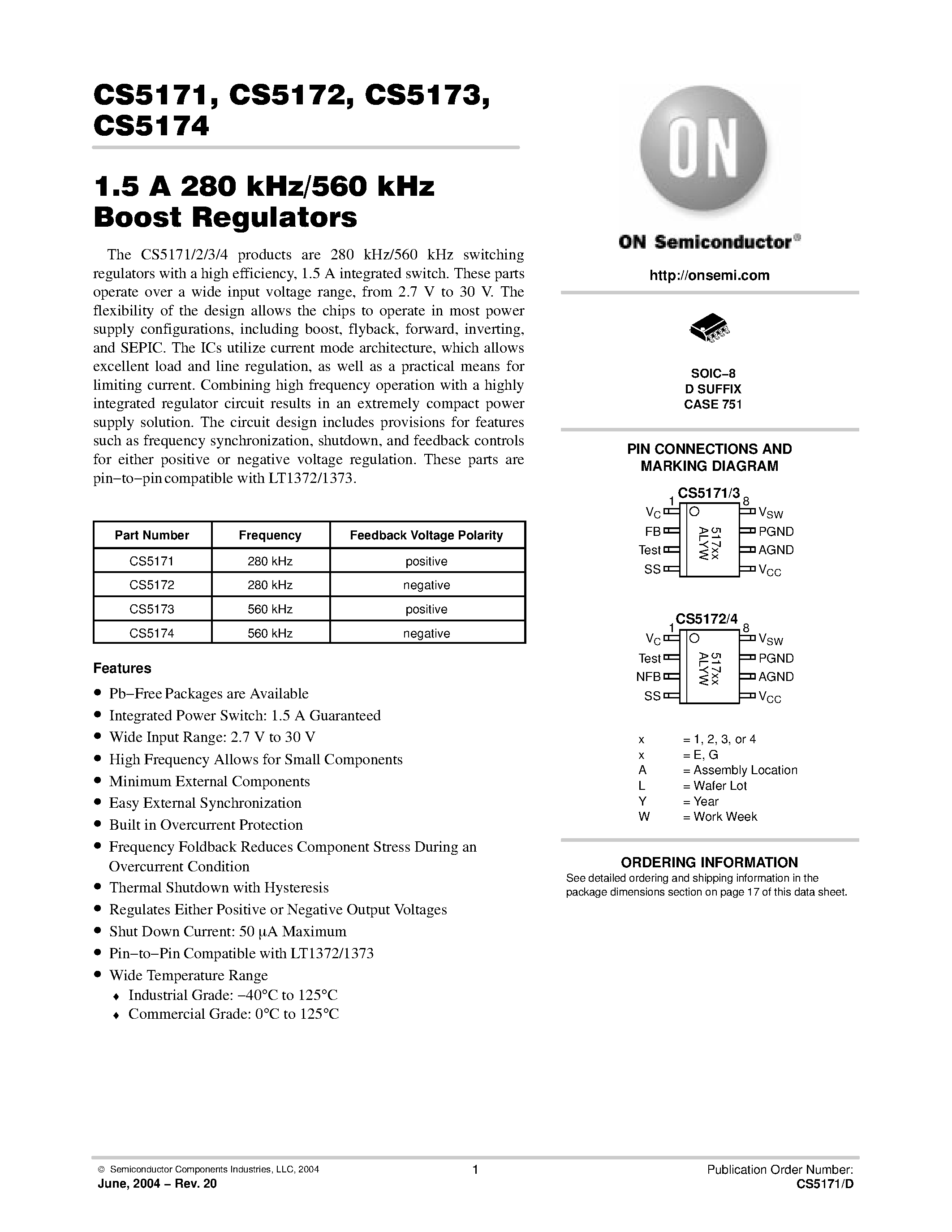 Datasheet CS5172GDR8 - 1.5 A 280 kHz/560 kHz Boost Regulators page 1