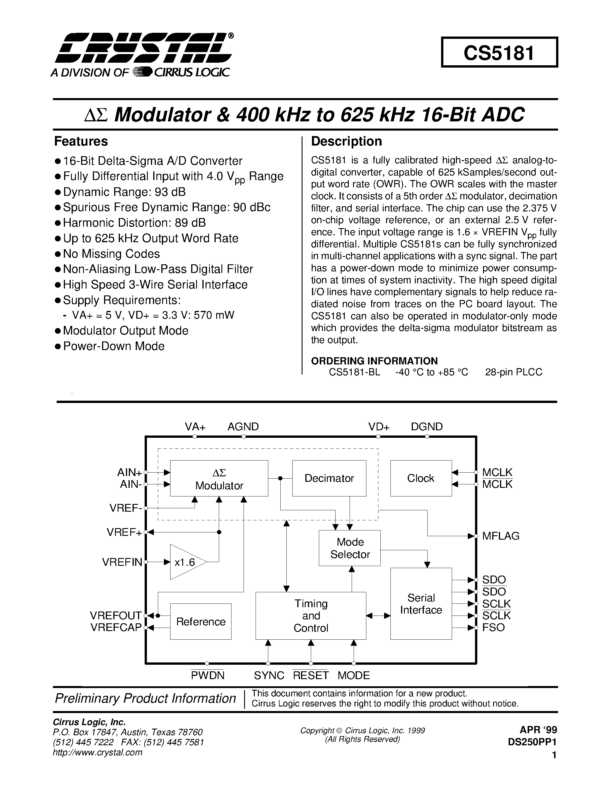 Datasheet CS5181 - Modulator & 400 kHz to 625 kHz 16-Bit ADC page 1
