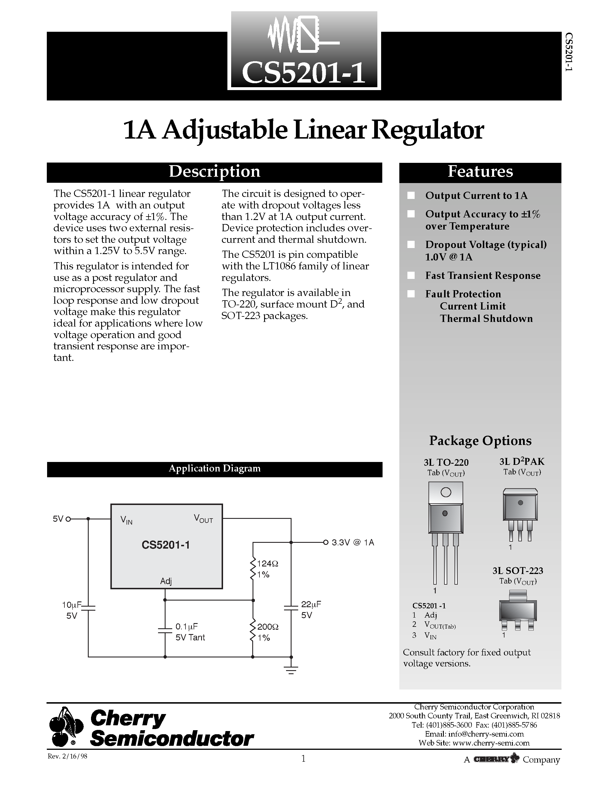 Даташит CS5201-1 - 1A Adjustable Linear Regulator страница 1