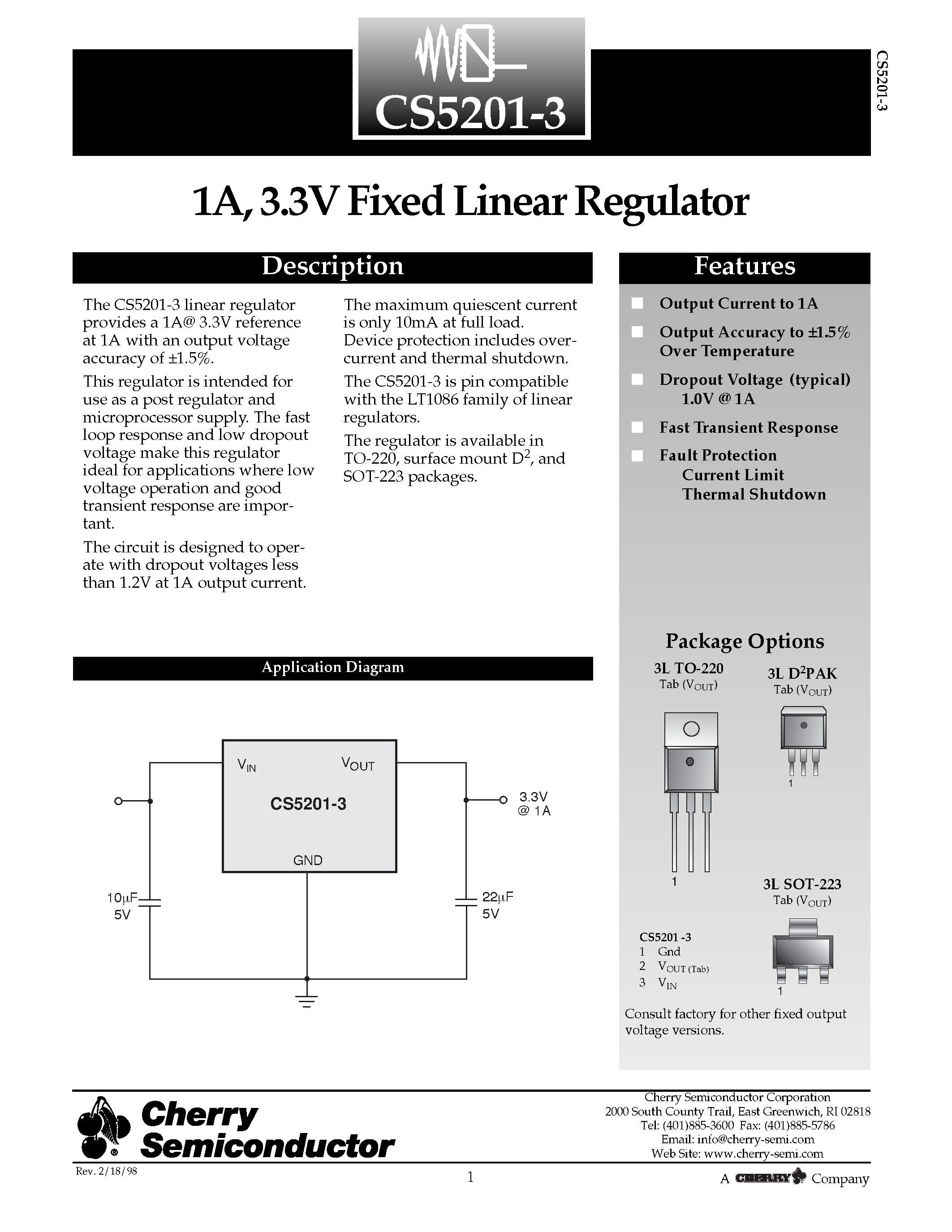 Datasheet CS5201-3GSTR3 page 1 Datasheet CS5201-3GSTR3 - 1A/ 3.3V Fixed Linear Regulator page 1
