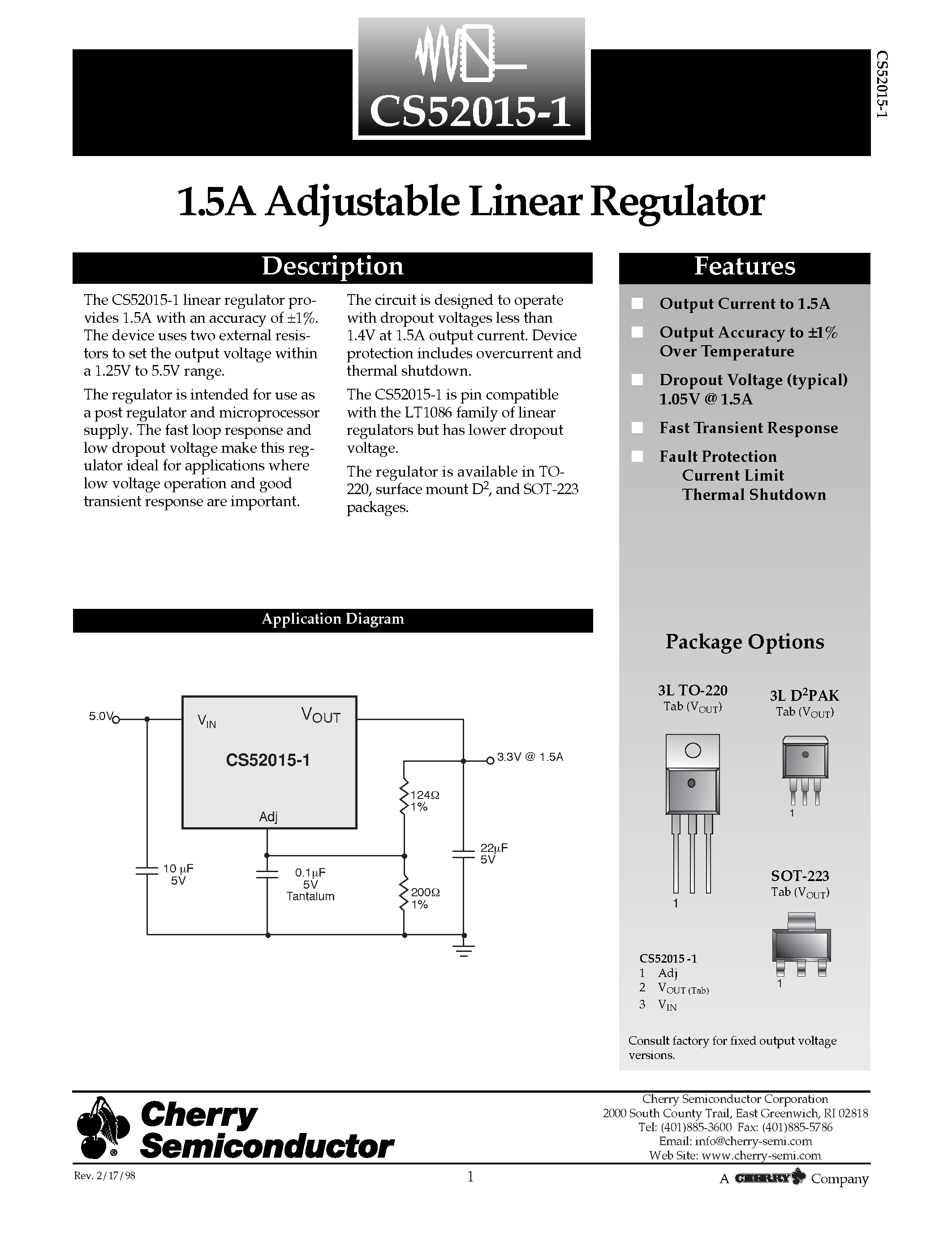 Даташит на микросхему CS52015-1GT3 страница 1 Даташит CS52015-1GT3 - 1.5A Adjustable Linear Regulator страница 1