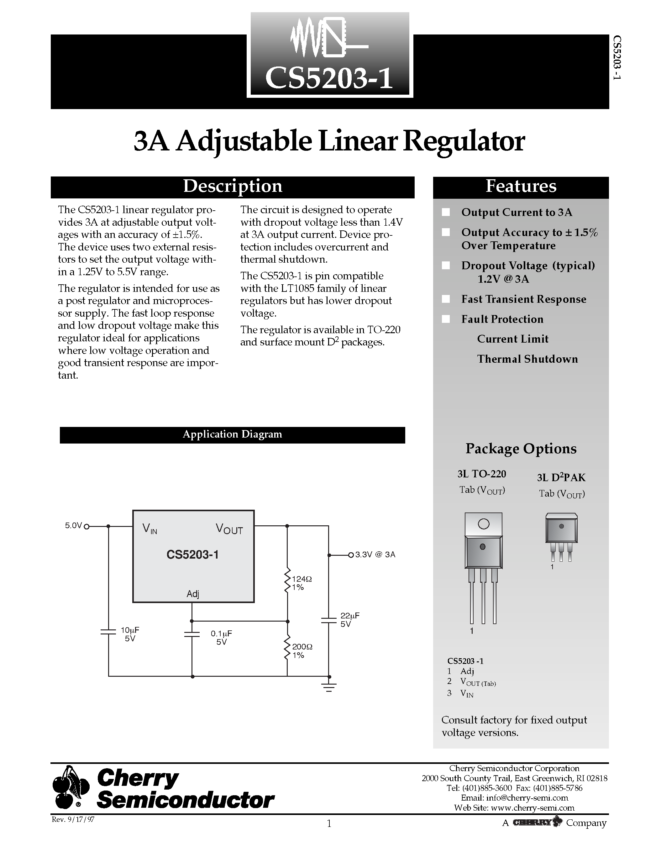 Даташит CS5203-1 - 3A Adjustable Linear Regulator страница 1