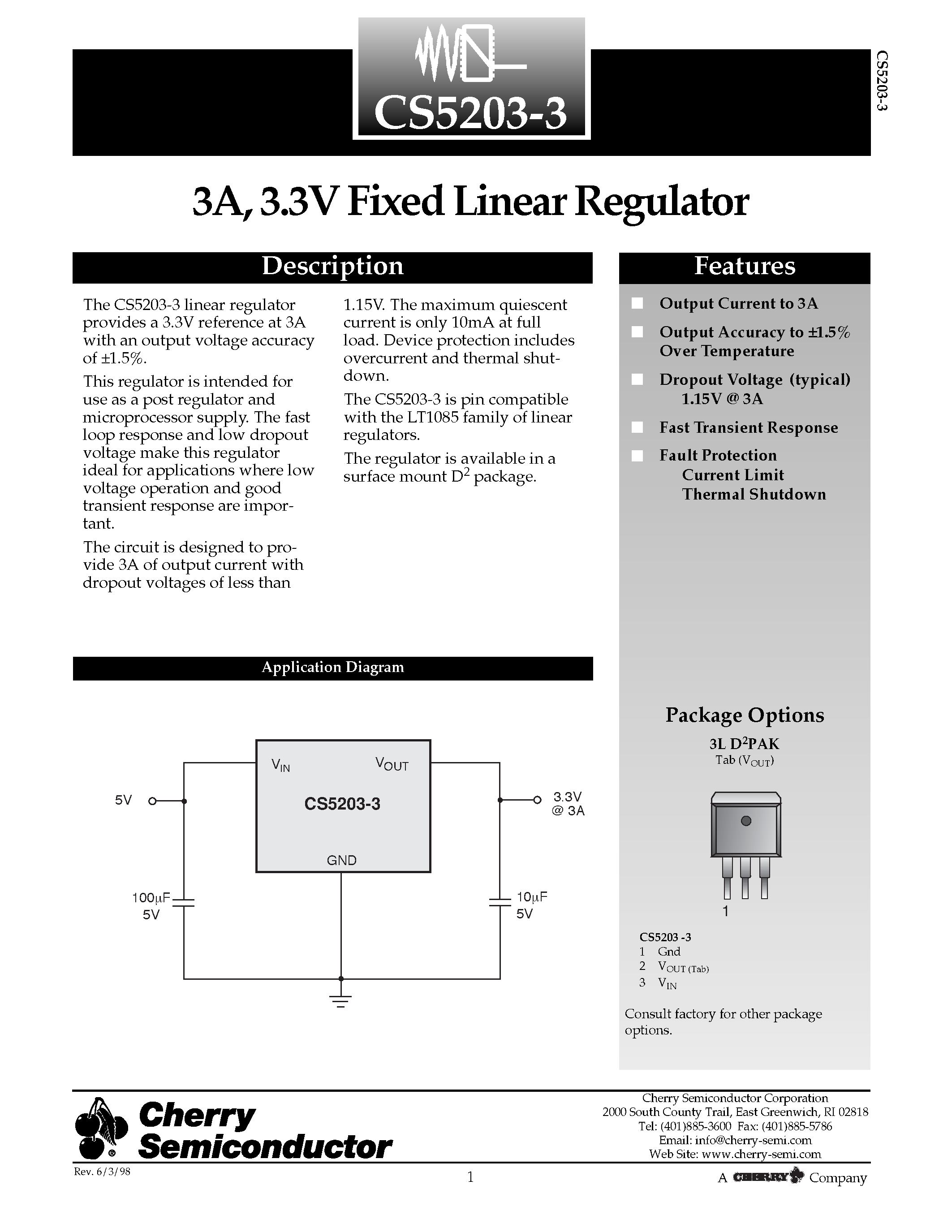 Datasheet CS5203-3GDPR3 - 3A/ 3.3V Fixed Linear Regulator page 1